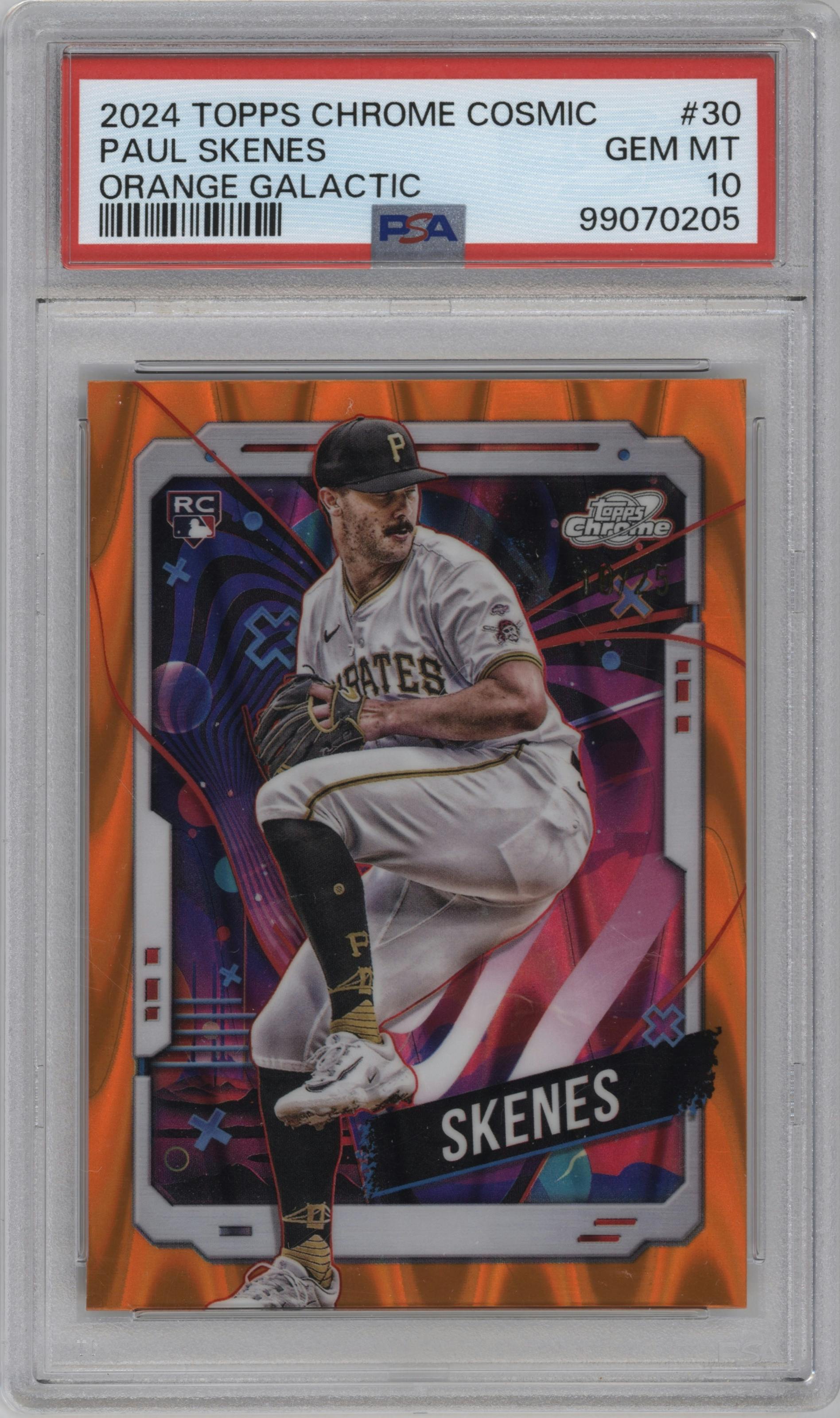 Paul Skenes from the 2024 Topps Cosmic Chrome set featuring a Orange Galactic Refractor parallel graded by PSA and given an overall grade of 10.