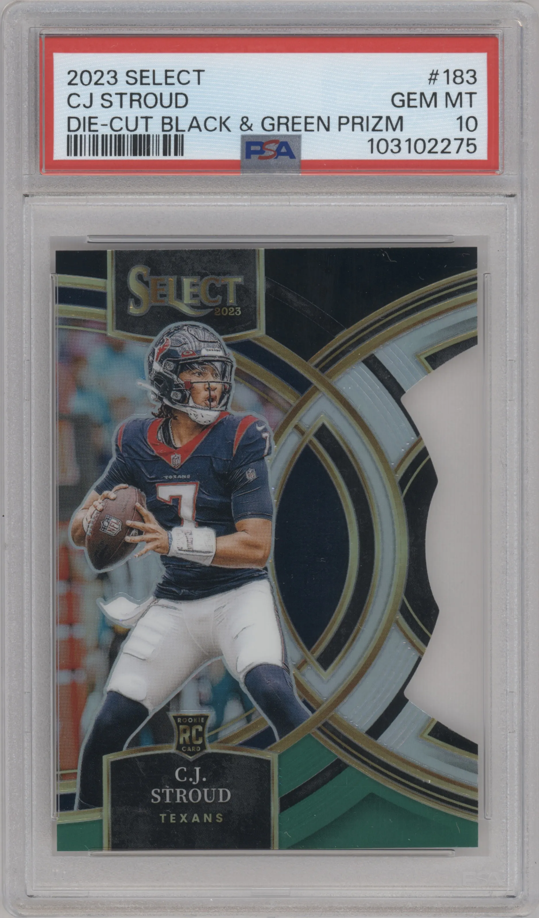 C.J. Stroud from the 2023 Panini Select set featuring a Die-Cut Black/Green parallel graded by PSA and given an overall grade of 10.