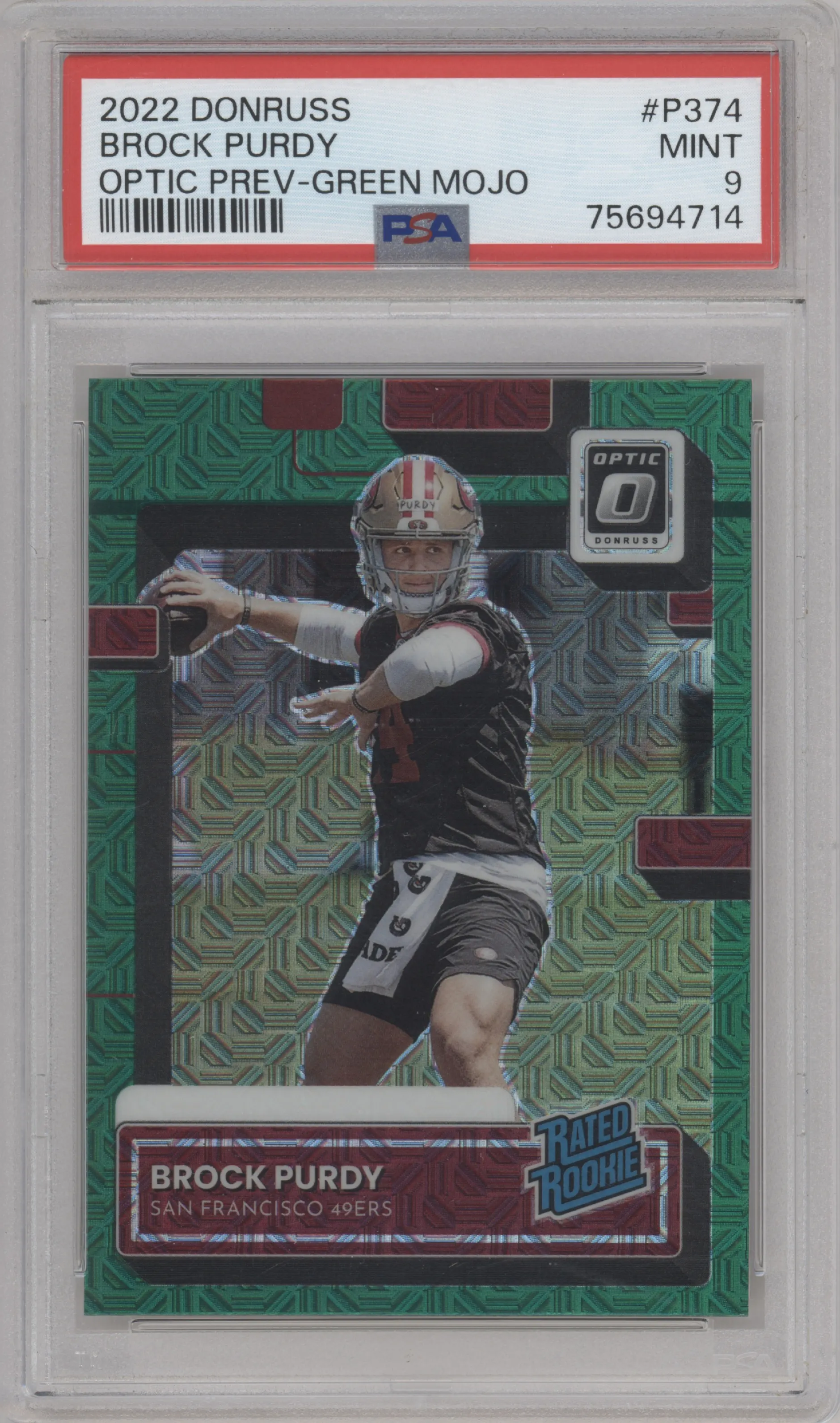 Brock Purdy from the 2022 Panini Donruss set featuring a Green Mojo parallel graded by PSA and given an overall grade of 9.
