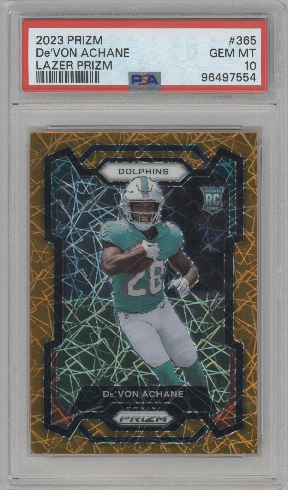 De'Von Achane from the 2023 Panini Prizm set featuring a Lazer parallel graded by PSA and given an overall grade of 10.