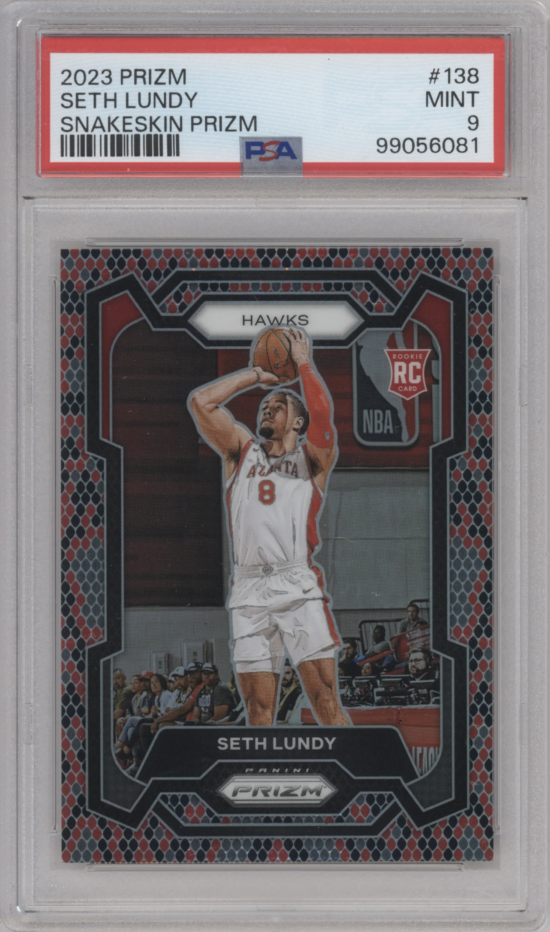 Seth Lundy from the 2023-24 Panini Prizm set featuring a Snakeskin parallel graded by PSA and given an overall grade of 9.