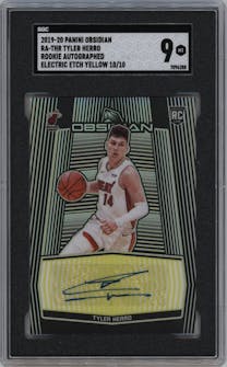Tyler Herro from the 2019-20 Panini Obsidian set featuring a Electric Etch Yellow parallel graded by SGC and given an overall grade of 9.