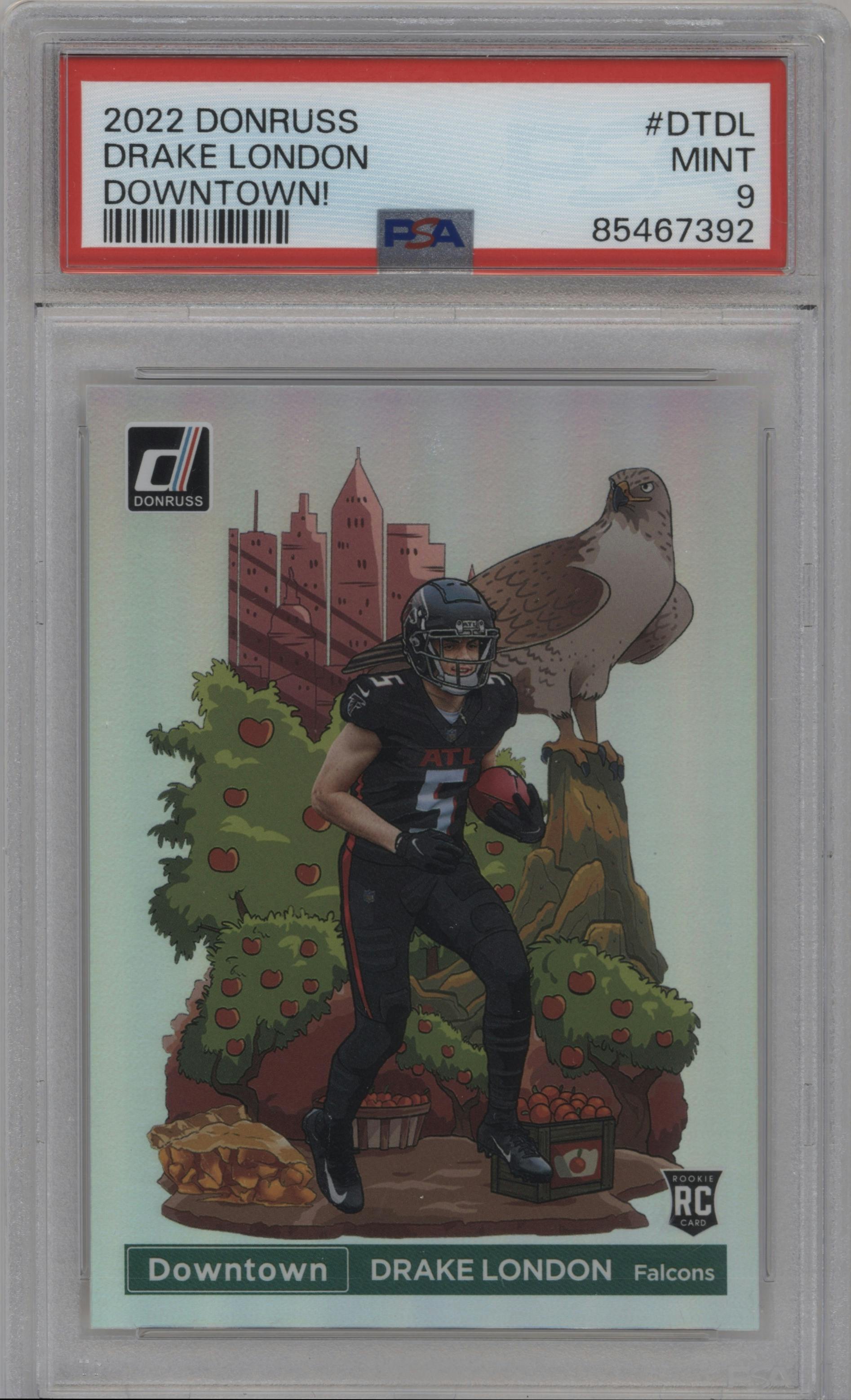 Drake London from the 2022 Panini Donruss set graded by PSA and given an overall grade of 9.