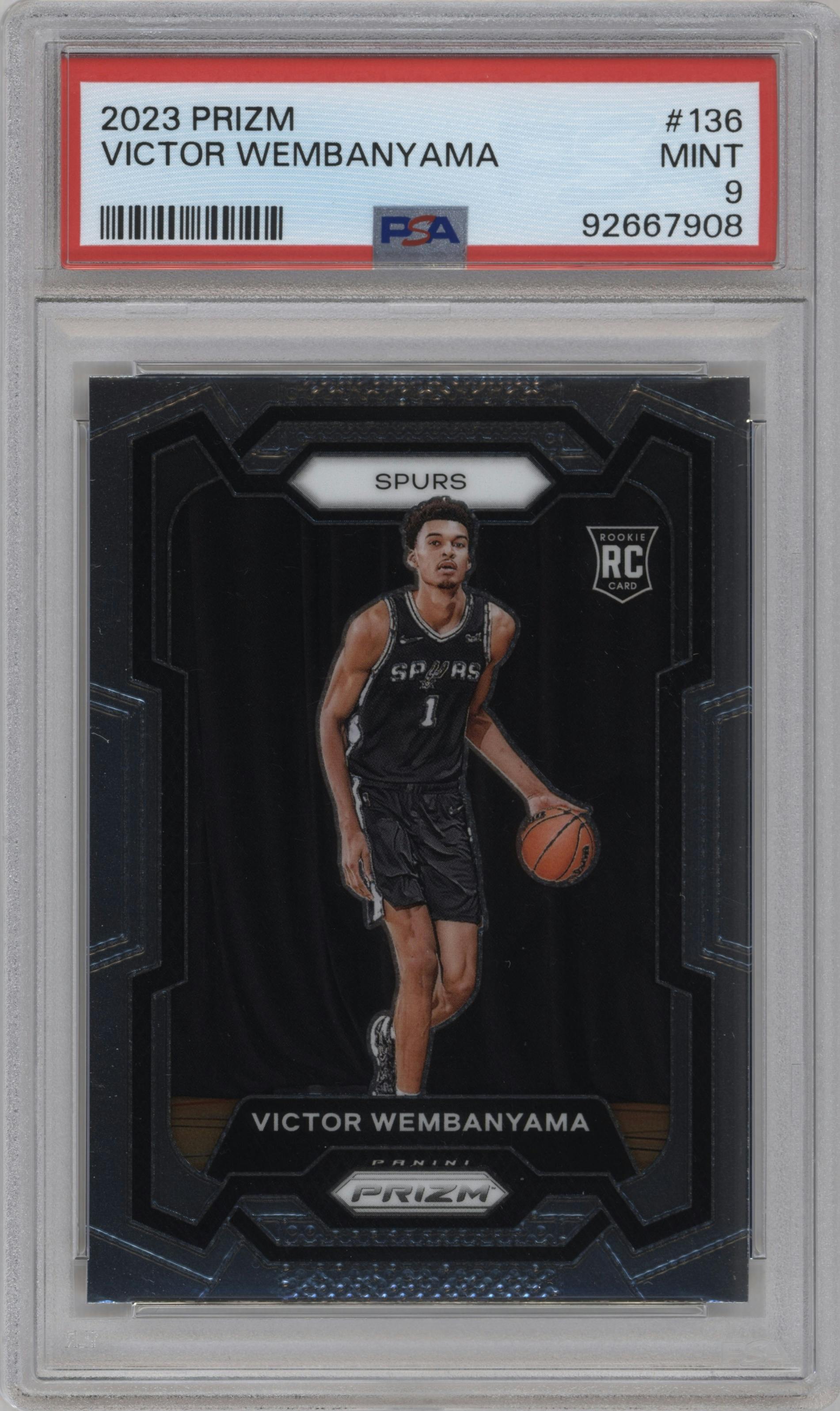 Victor Wembanyama from the 2023-24 Panini Prizm set graded by PSA and given an overall grade of 9.