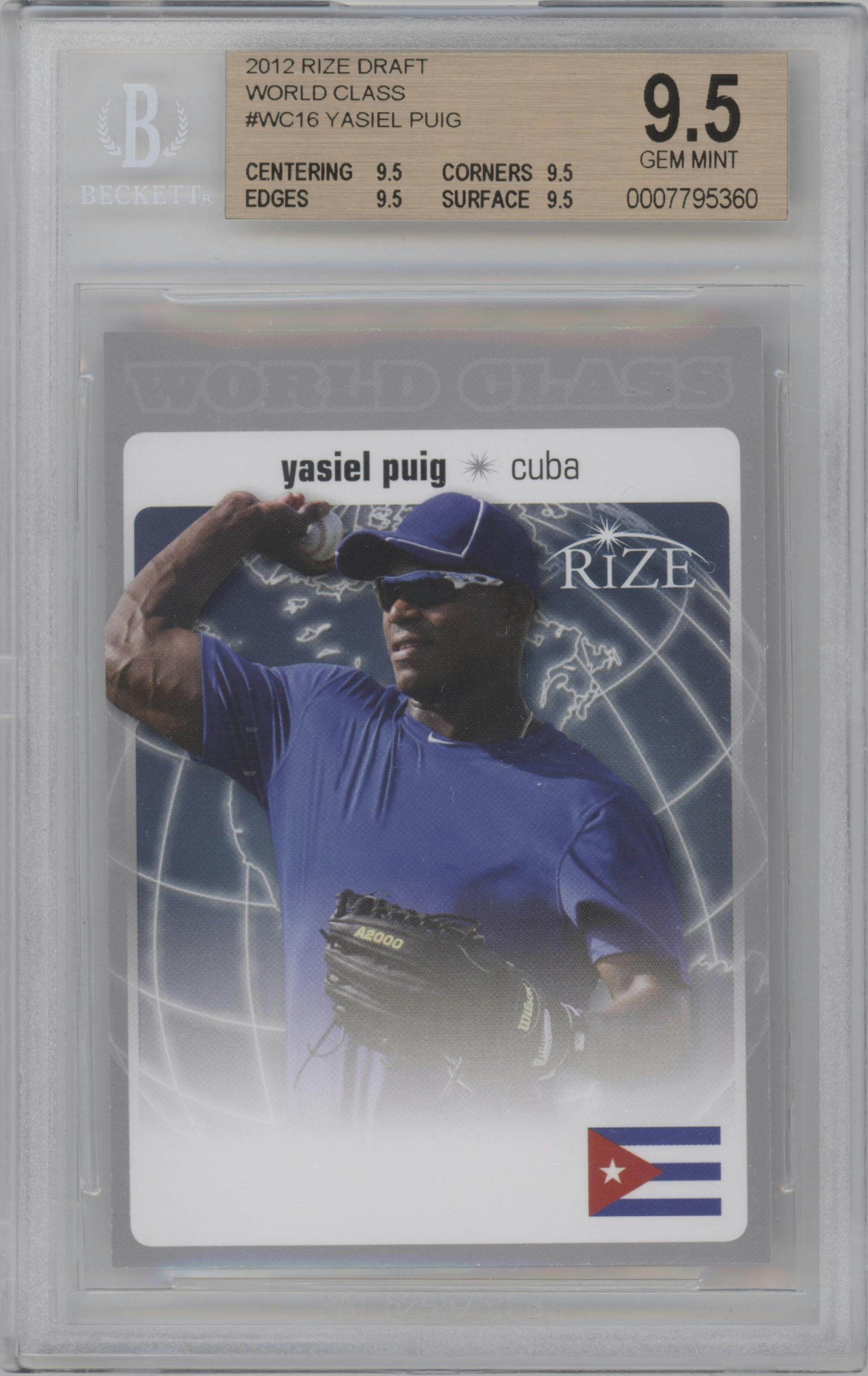 Yasiel Puig from the 2012 Leaf Rize Draft set graded by Beckett and given an overall grade of 9.5.
