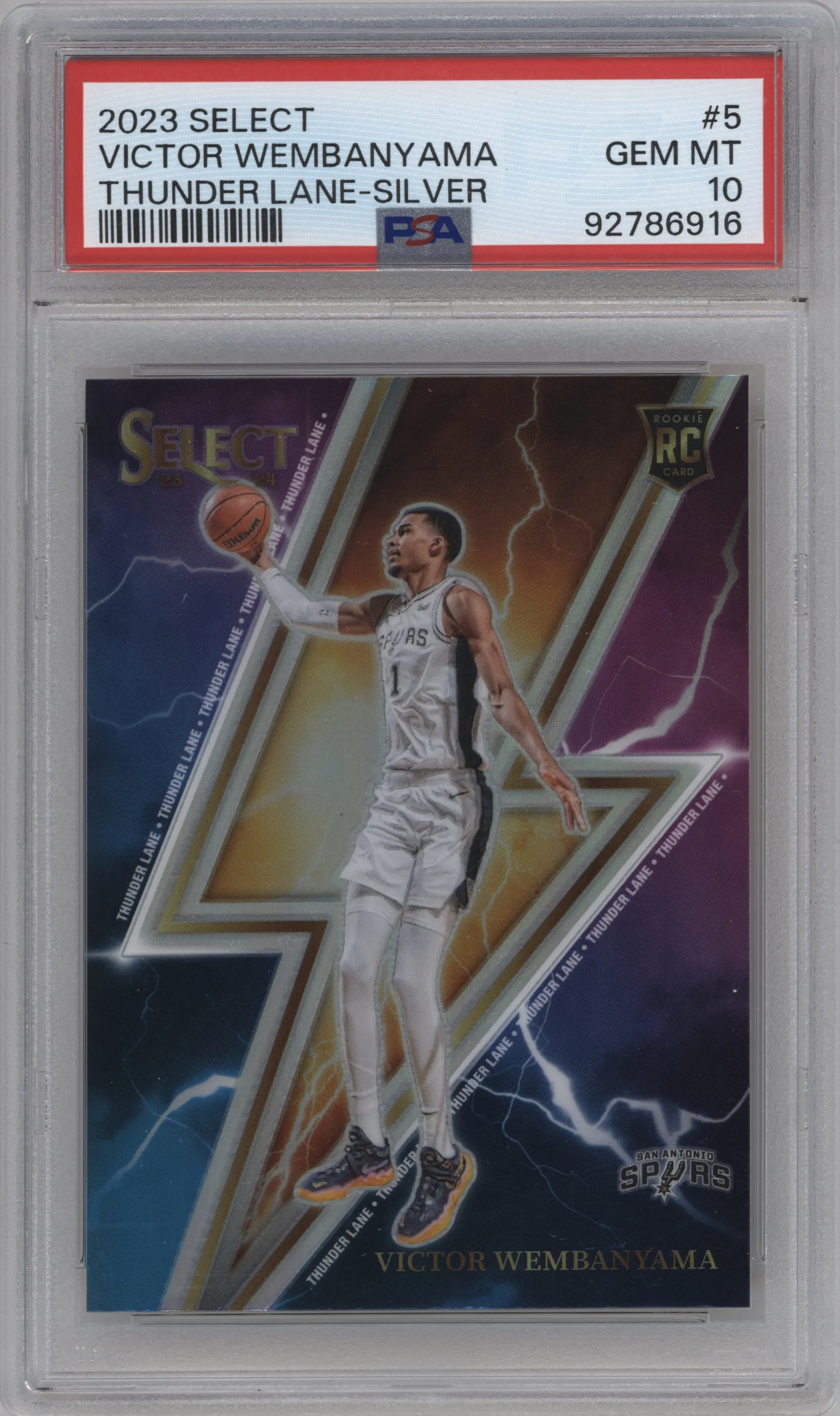 2023 Panini Select Thunder Lane Victor Wembanyama Silver Prizm #5 PSA 10