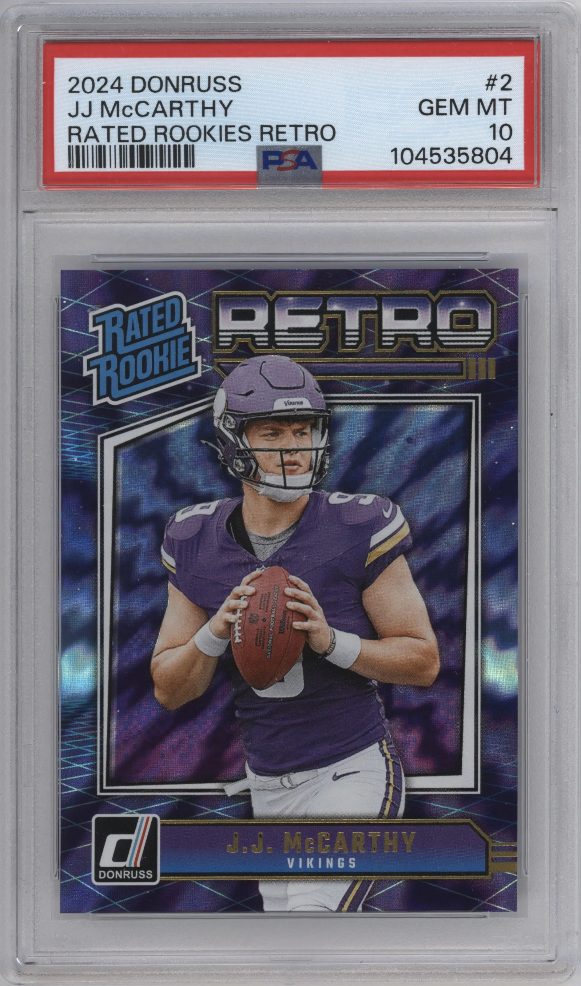 J.J. McCarthy from the 2024 Donruss set graded by PSA and given an overall grade of 10.