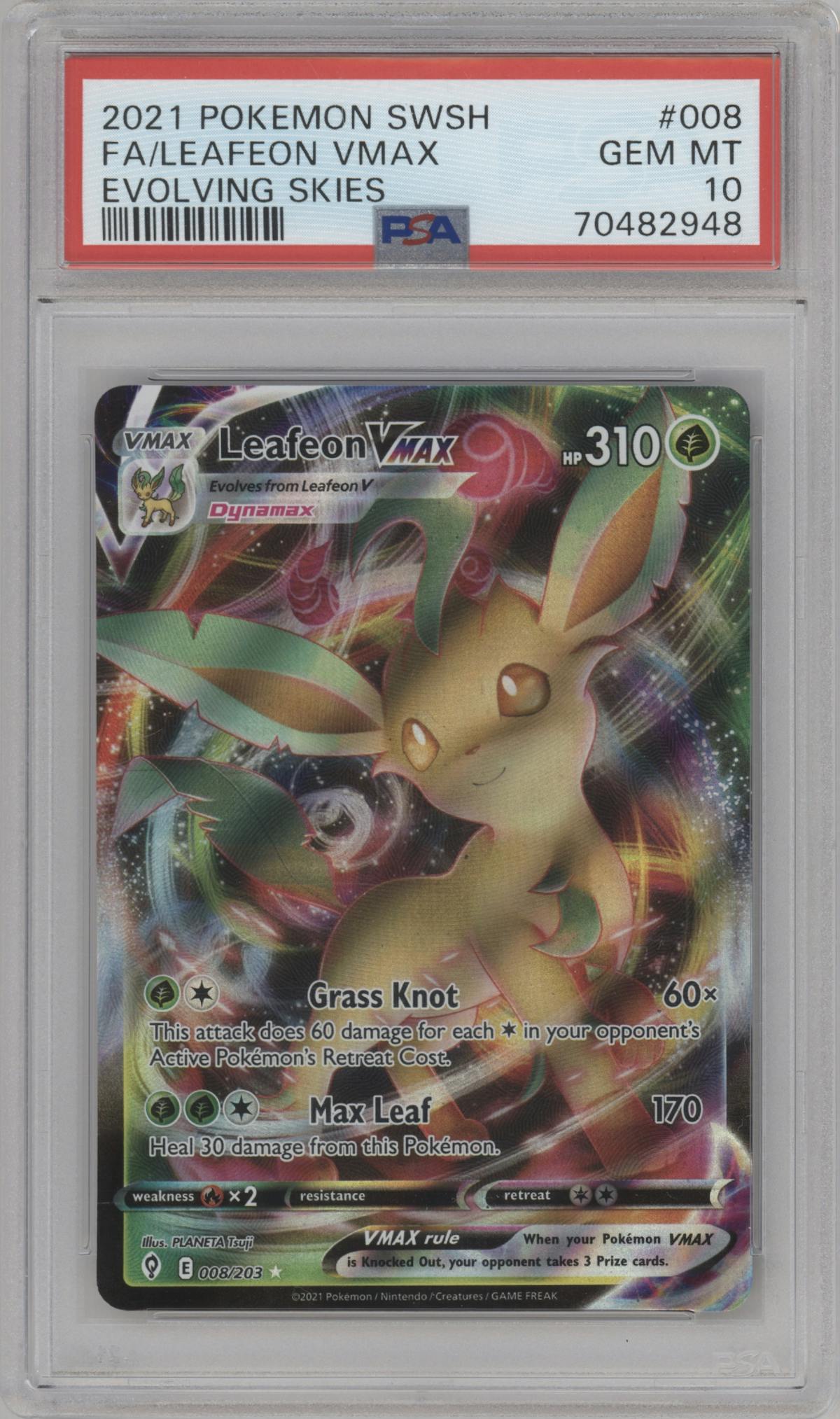 Leafeon VMAX from the 2021 Pokemon SWSH set graded by PSA and given an overall grade of 10.