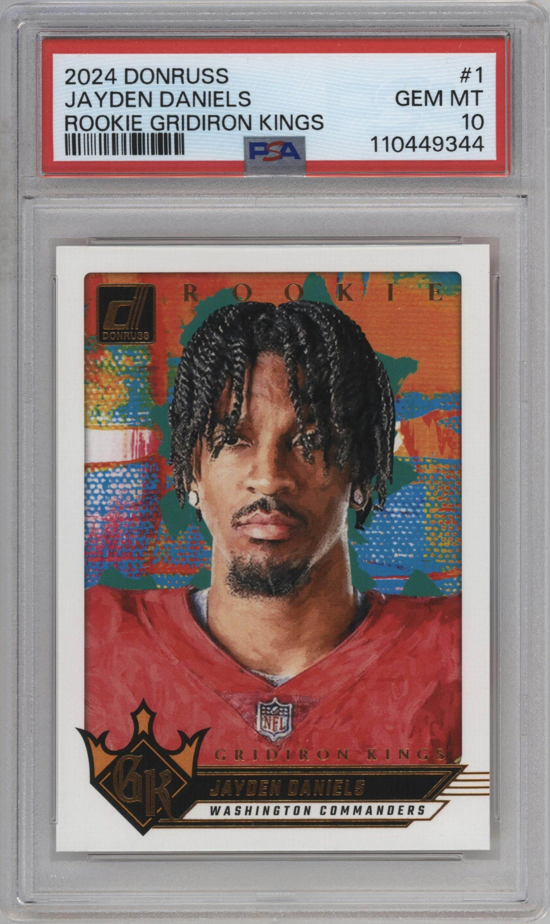 Jayden Daniels from the 2024 Donruss set graded by PSA and given an overall grade of 10.