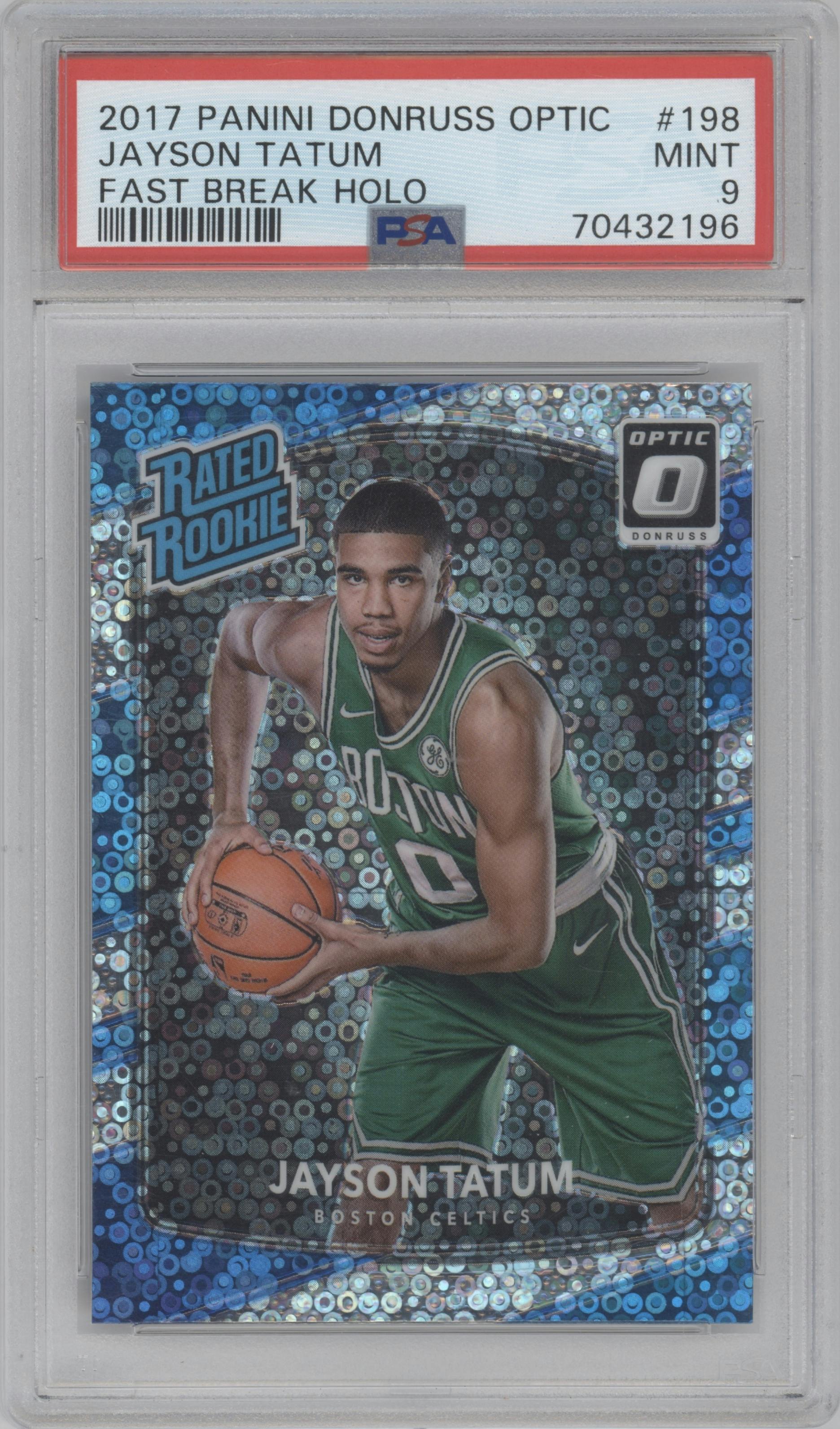 Jayson Tatum from the 2017-18 Panini Donruss Optic set featuring a Fast Break Holo parallel graded by PSA and given an overall grade of 9.