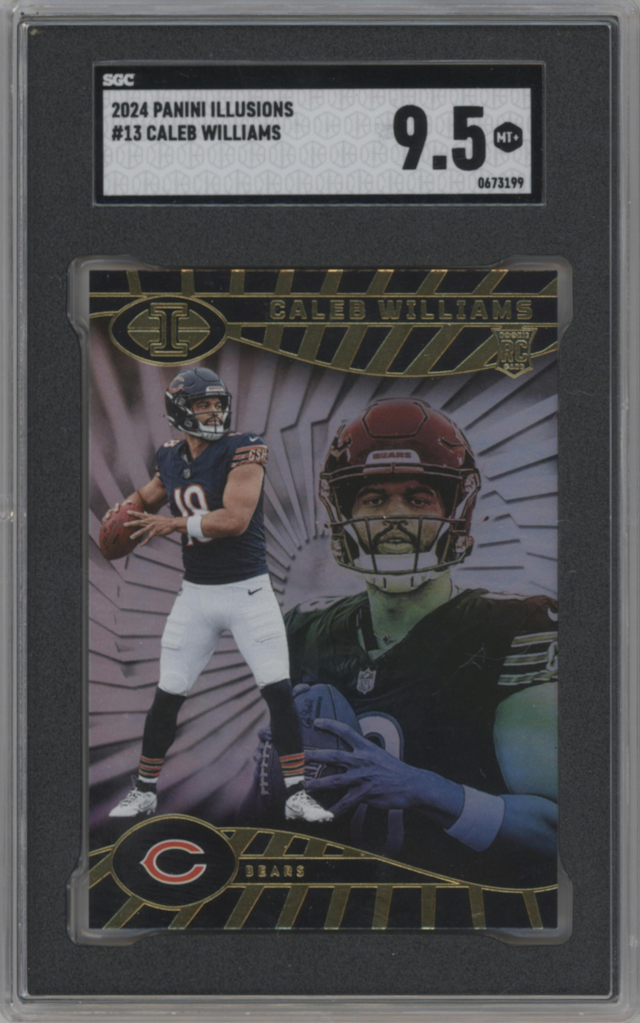 Caleb Williams from the 2024 Panini Illusions set graded by SGC and given an overall grade of 9.5.