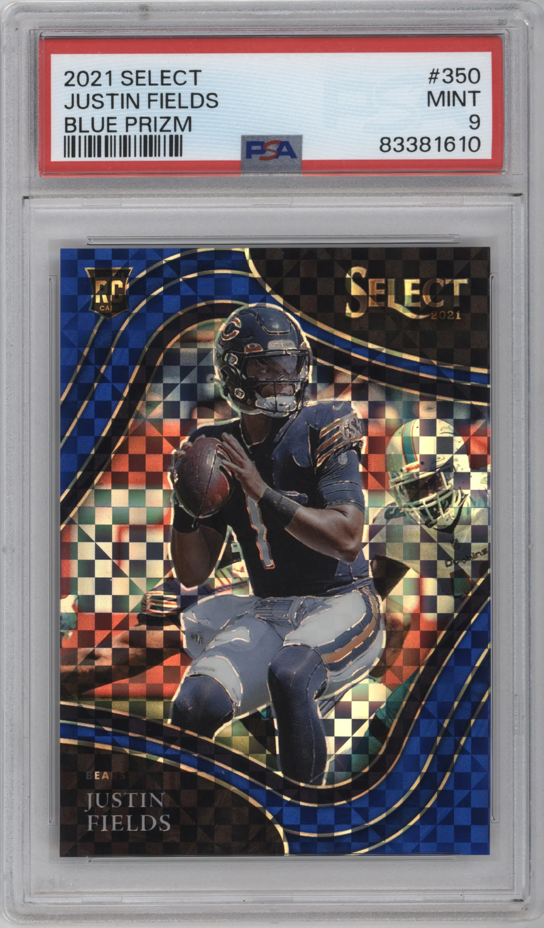 Justin Fields from the 2021 Panini Select set featuring a Blue Prizm parallel graded by PSA and given an overall grade of 9.