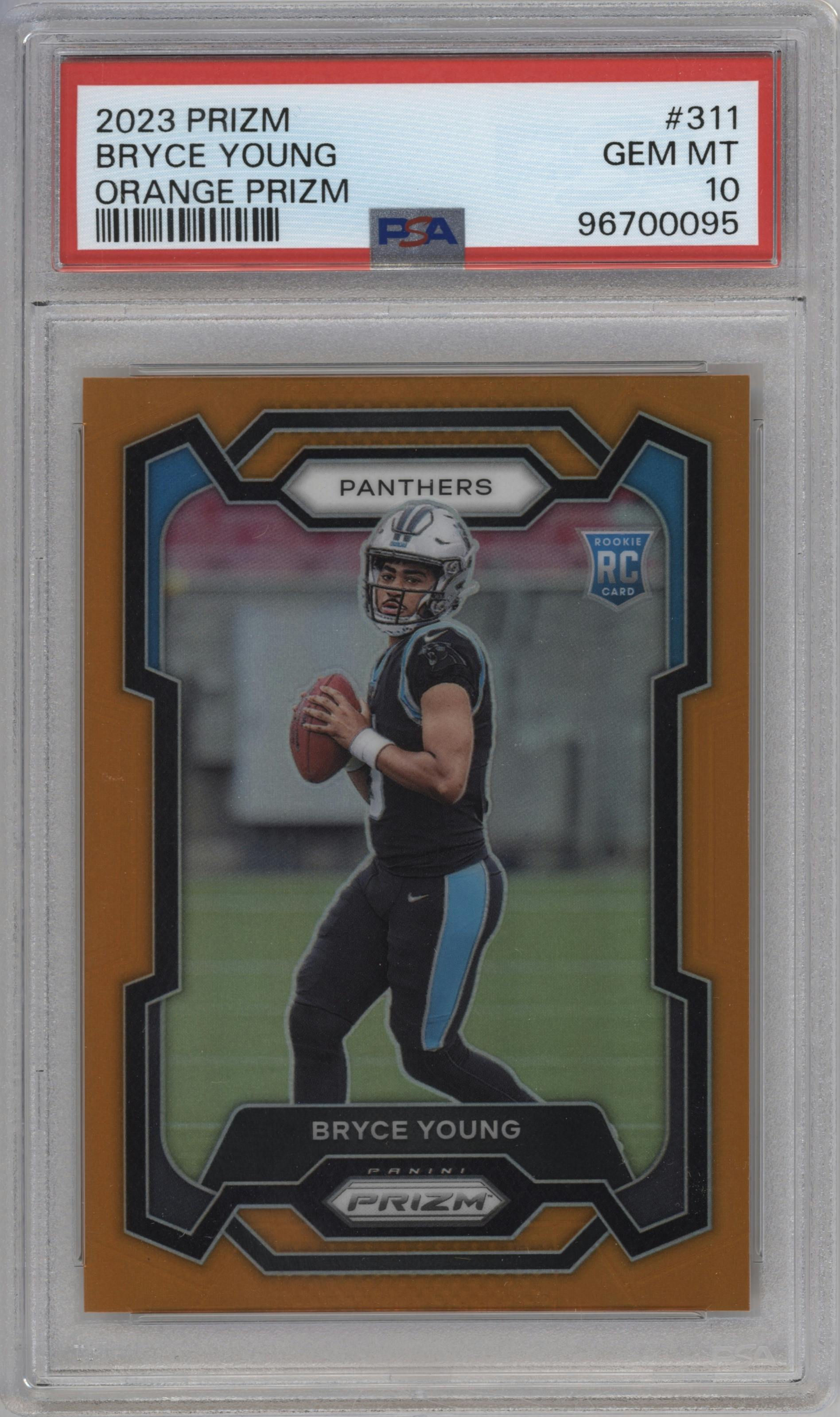 Bryce Young from the 2023 Panini Prizm set featuring a Orange Prizm parallel graded by PSA and given an overall grade of 10.