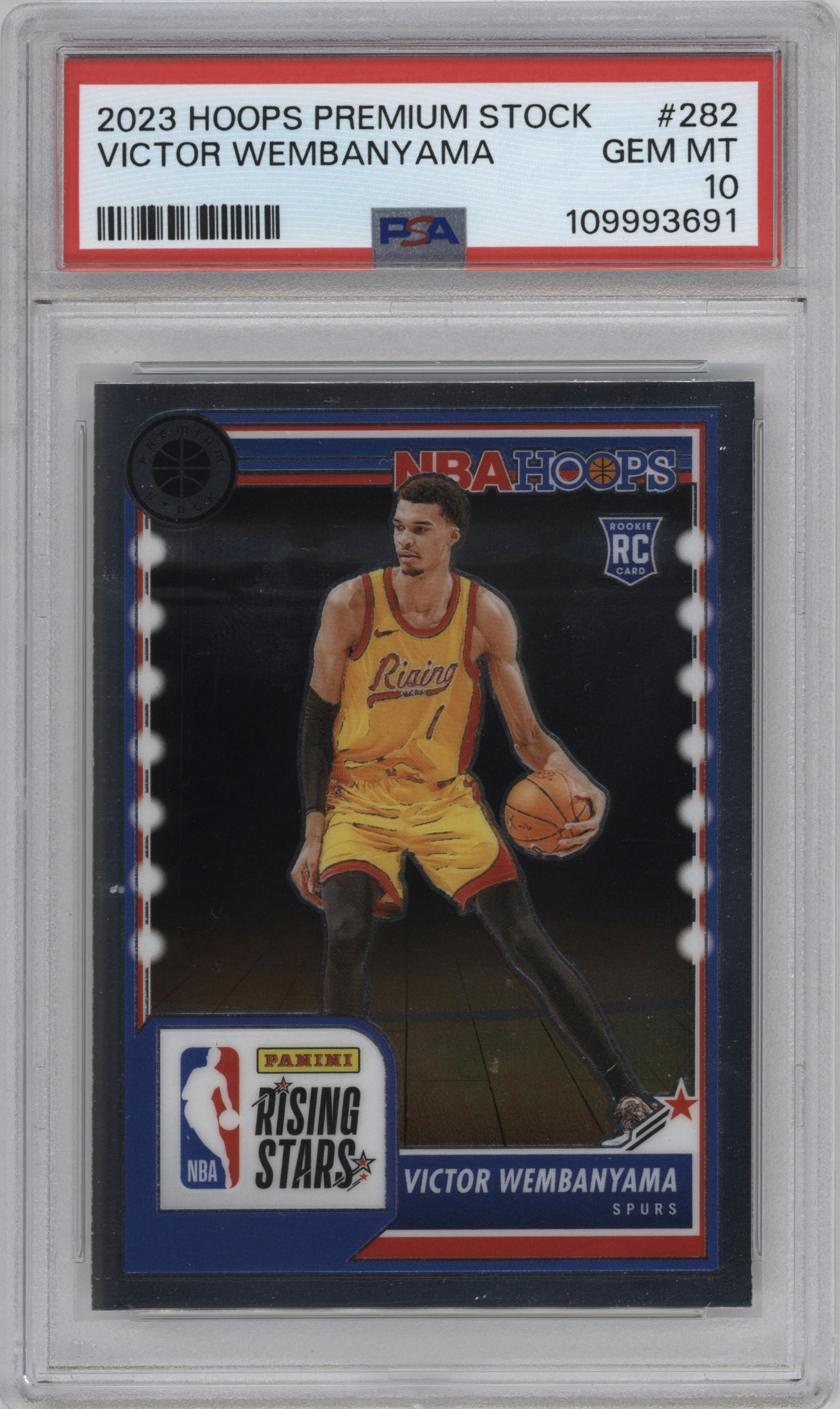 Victor Wembanyama from the 2023-24 Panini Hoops Premium Stock set graded by PSA and given an overall grade of 10.