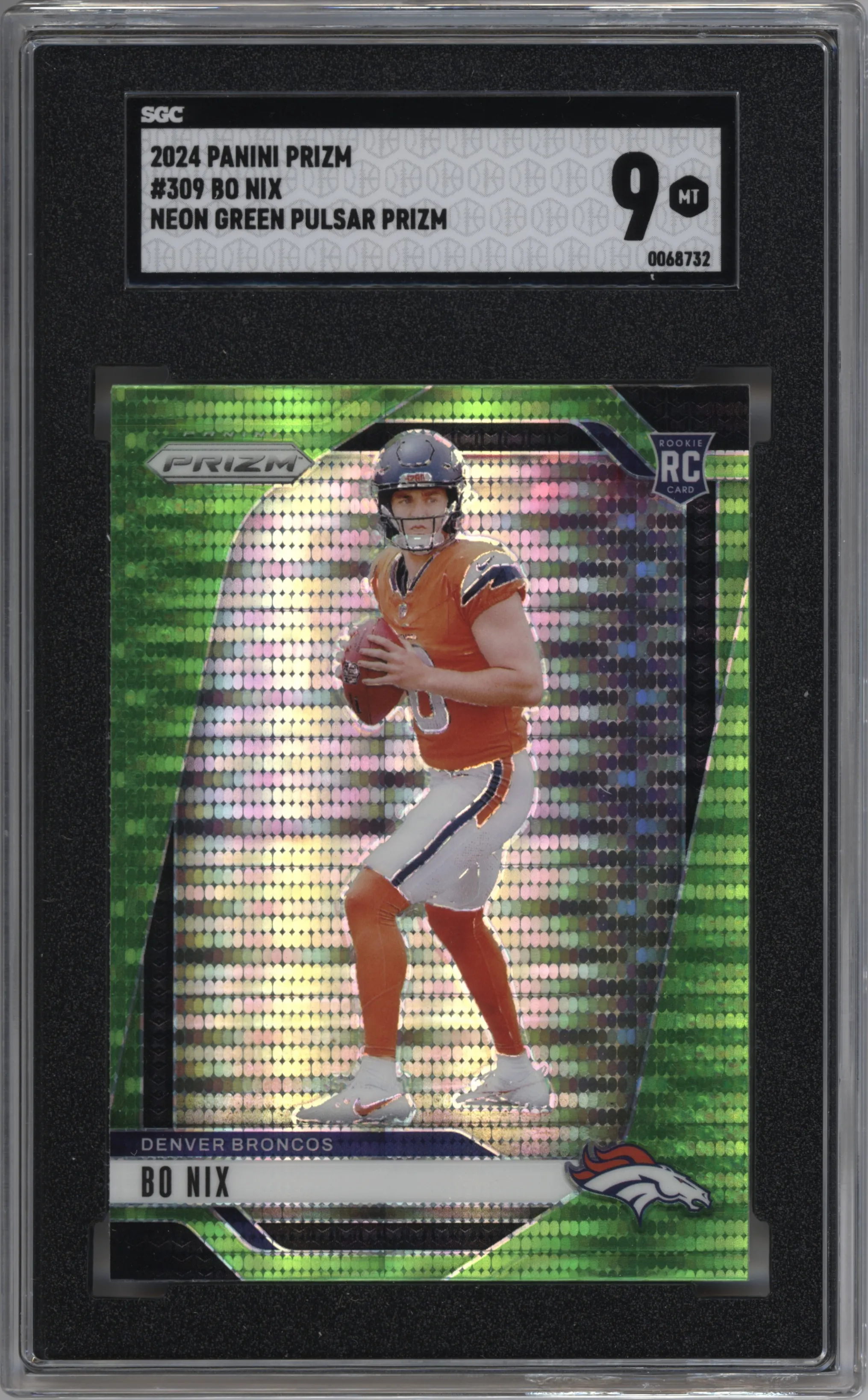 Bo Nix from the 2024 Panini Prizm set featuring a Neon Green Pulsar  parallel graded by SGC and given an overall grade of 9.