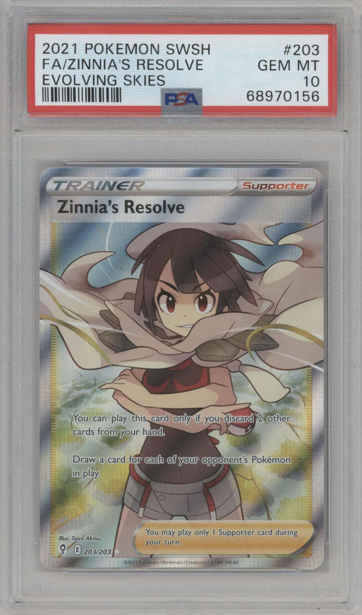Zinnia's Resolve from the 2021 Pokemon SWSH set graded by PSA and given an overall grade of 10.