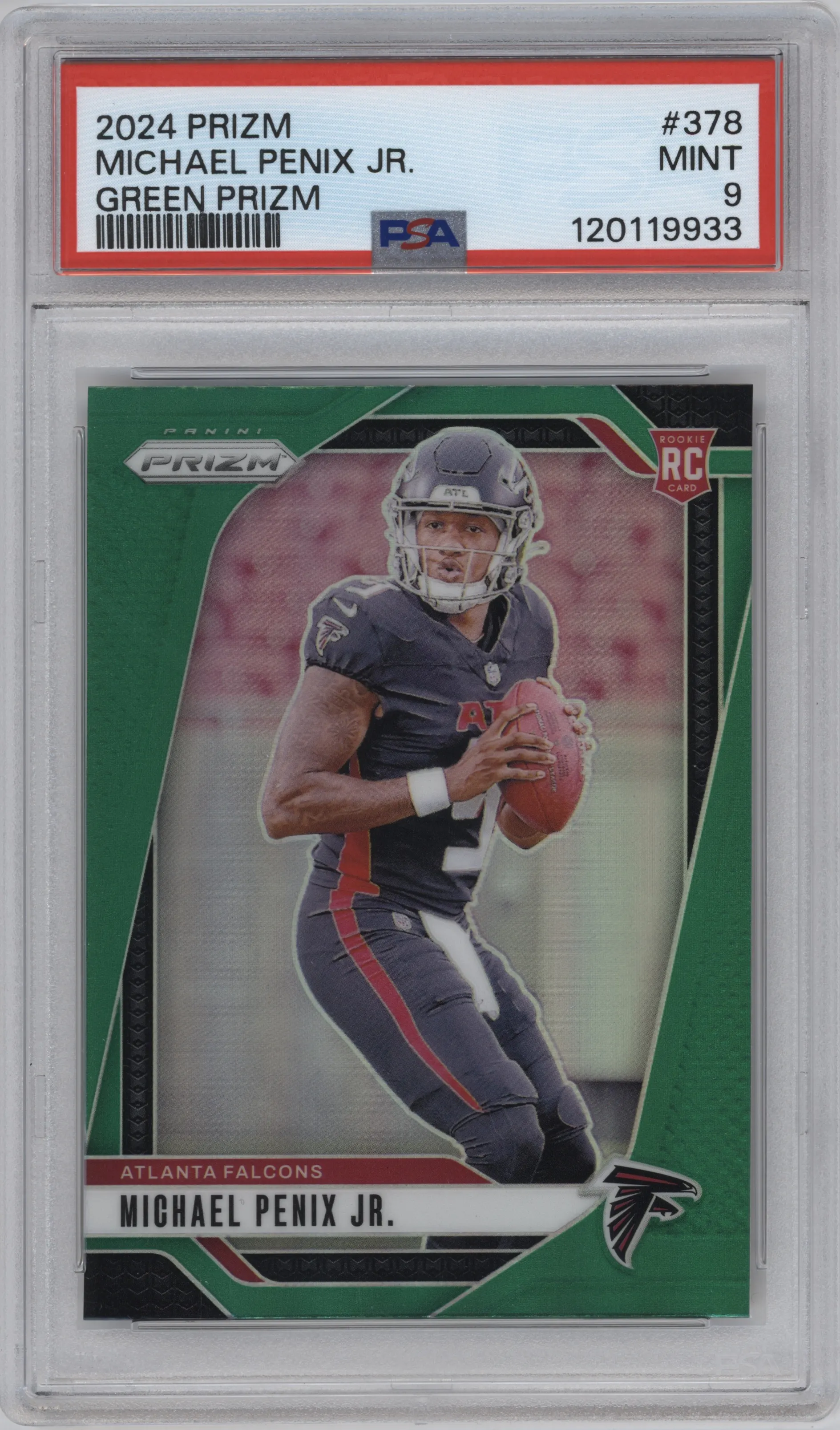 Michael Penix Jr. from the 2024 Panini Prizm set featuring a Green Prizm parallel graded by PSA and given an overall grade of 9.