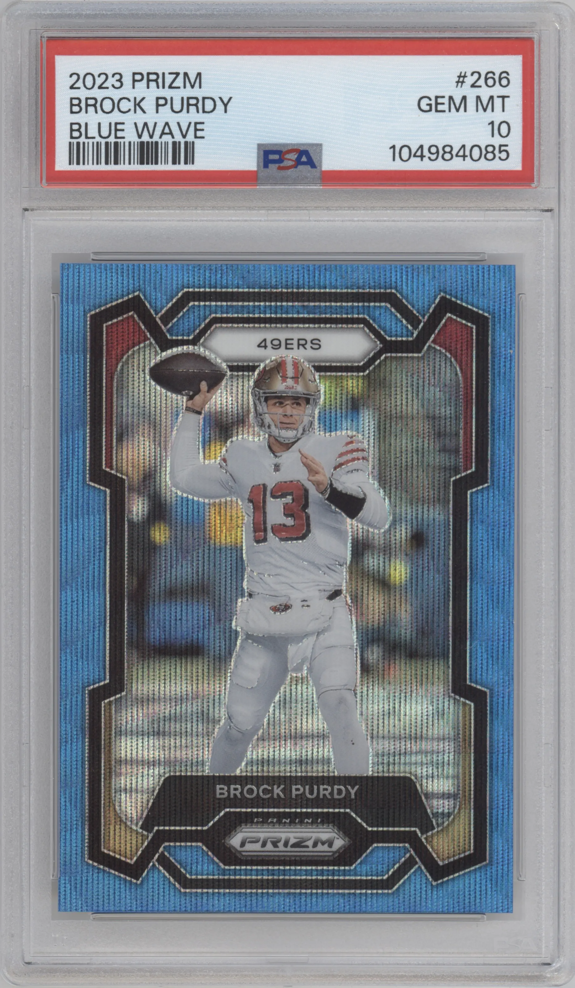 Brock Purdy from the 2023 Panini Prizm set featuring a Blue Wave parallel graded by PSA and given an overall grade of 10.