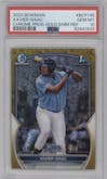 Xavier Isaac from the 2023 Bowman  set featuring a Gold Shimmer Refractor parallel graded by PSA and given an overall grade of 10.