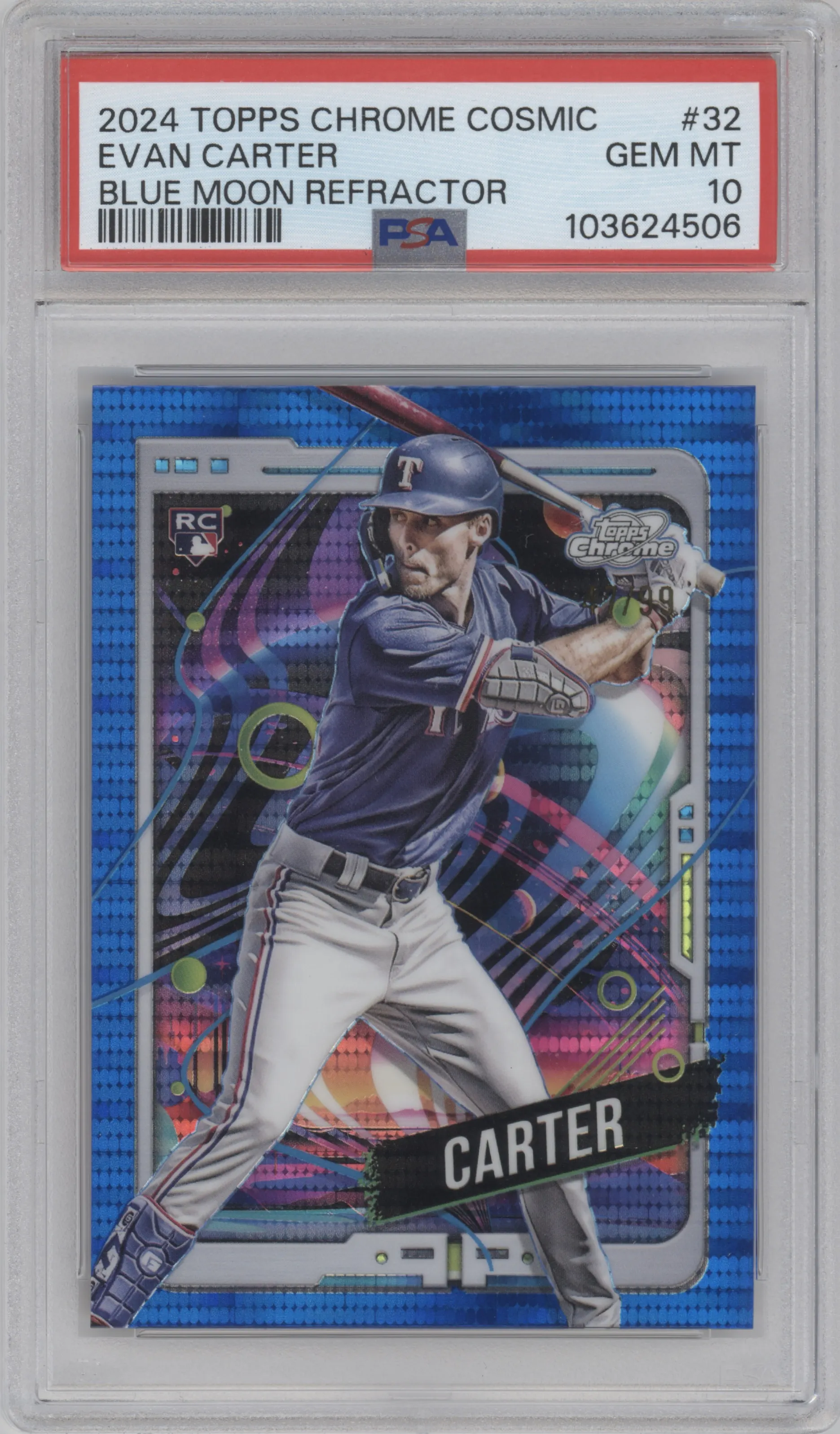 Evan Carter from the 2024 Topps Cosmic Chrome set featuring a Blue Moon Refractor parallel graded by PSA and given an overall grade of 10.