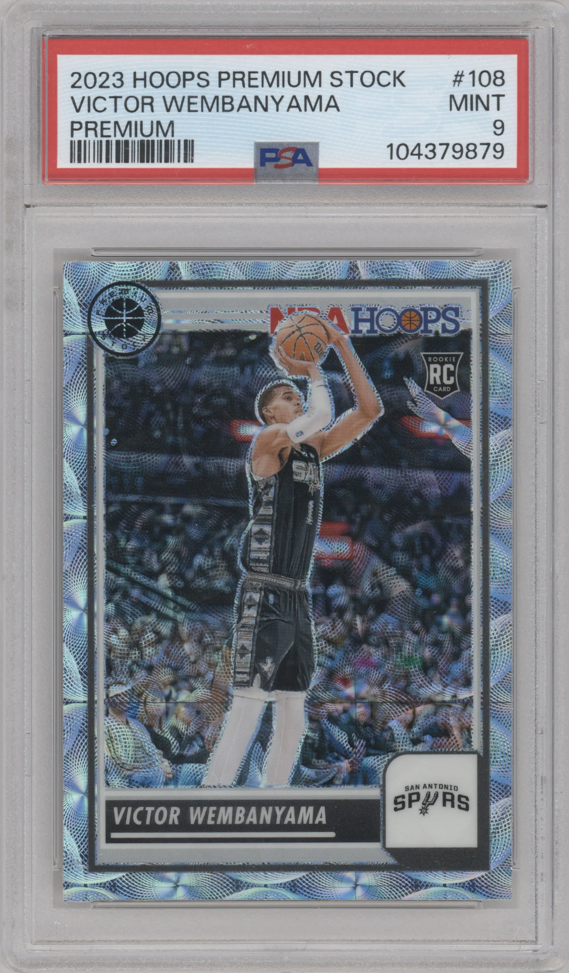 Victor Wembanyama from the 2023-24 Panini Hoops Premium Stock set featuring a Premium parallel graded by PSA and given an overall grade of 9.