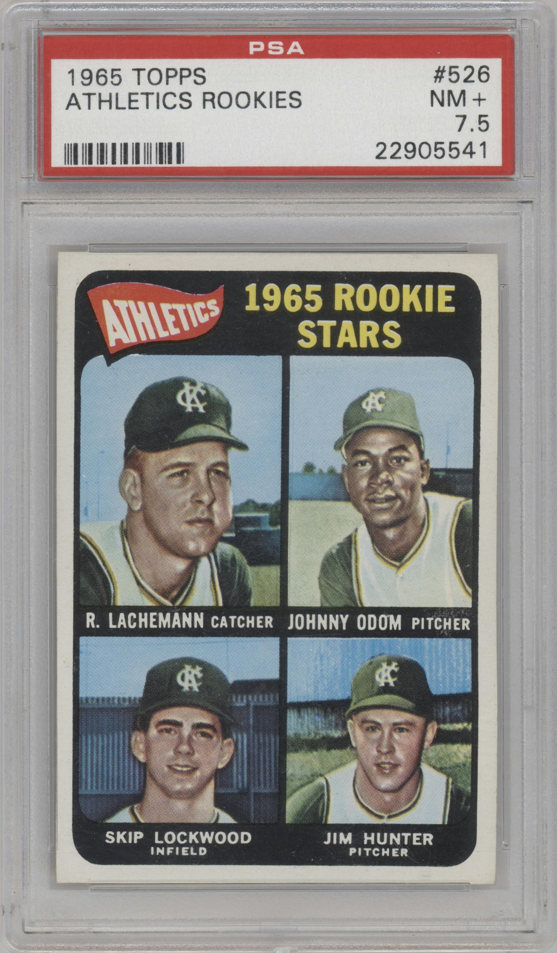 Rene Lachemann/Johnny Odom/Skip Lockwood/Jim Hunter from the 1965 Topps set graded by PSA and given an overall grade of 7.5.