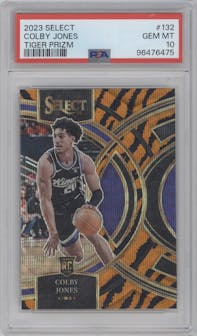 Colby Jones from the 2023-24 Panini Select  set featuring a Tiger parallel graded by PSA and given an overall grade of 10.
