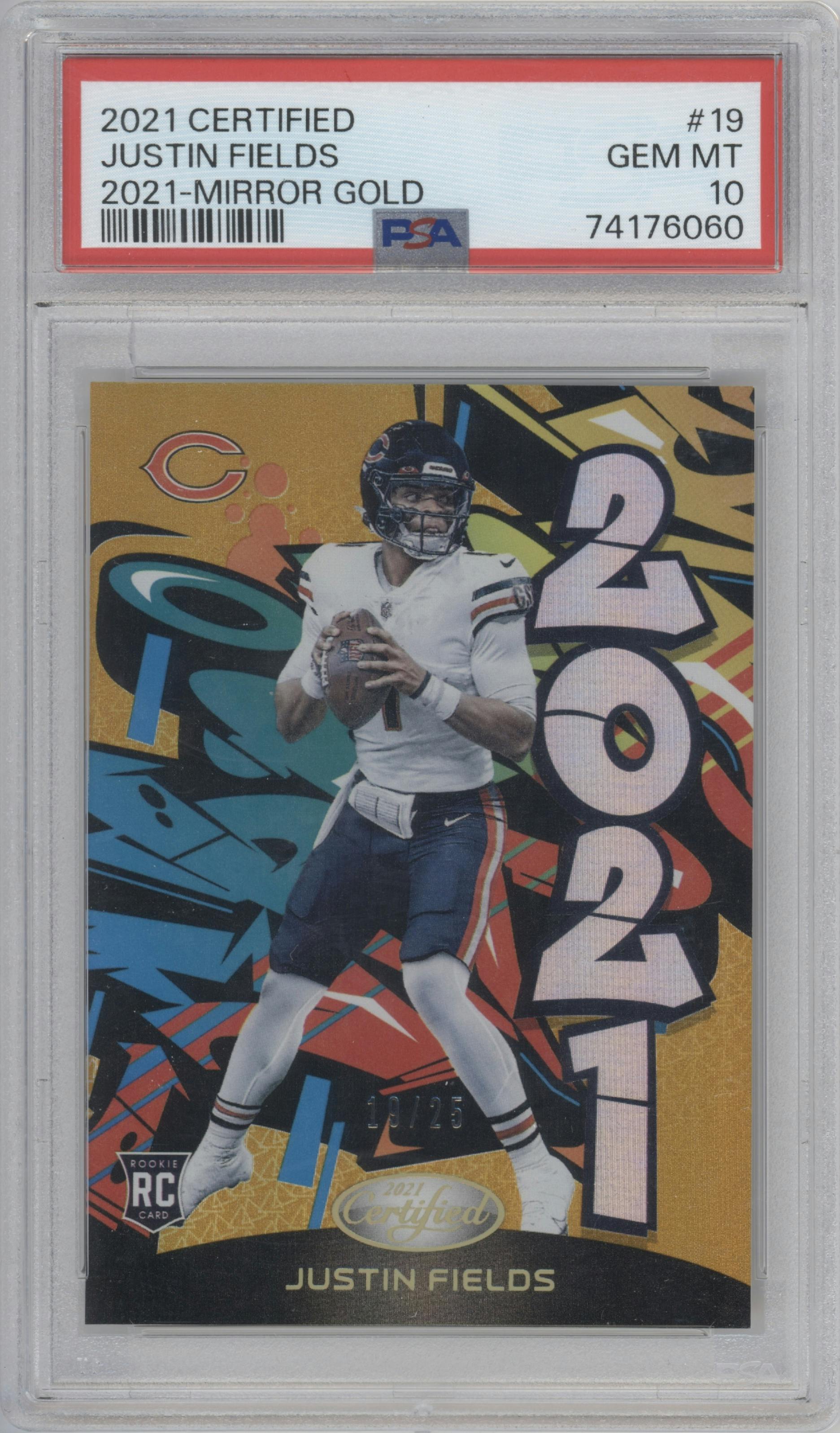 Justin Fields from the 2021 Panini Certified set featuring a Mirror Gold parallel graded by PSA and given an overall grade of 10.