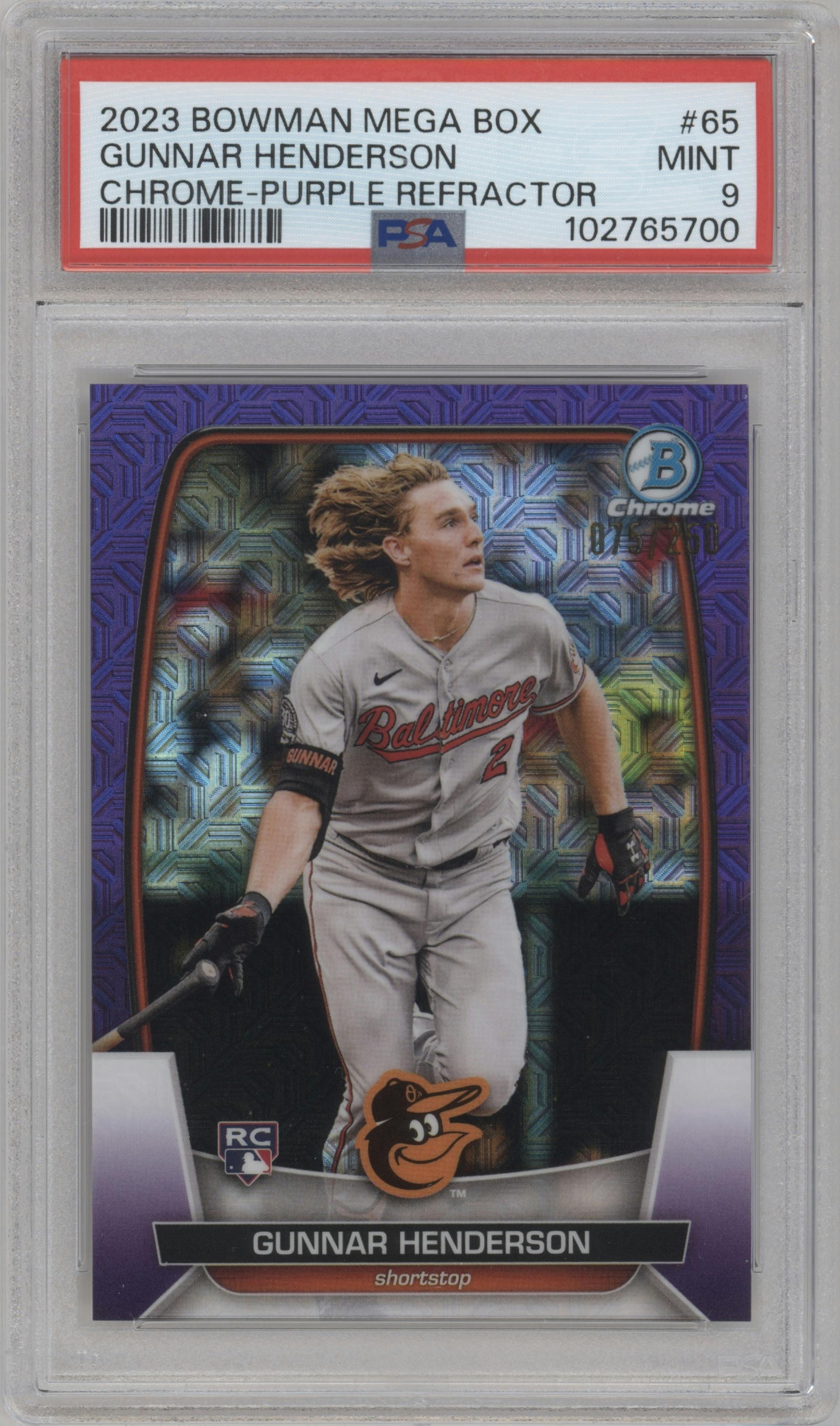 Gunnar Henderson from the 2023 Bowman Mega Box set featuring a Purple Refractor parallel graded by PSA and given an overall grade of 9.