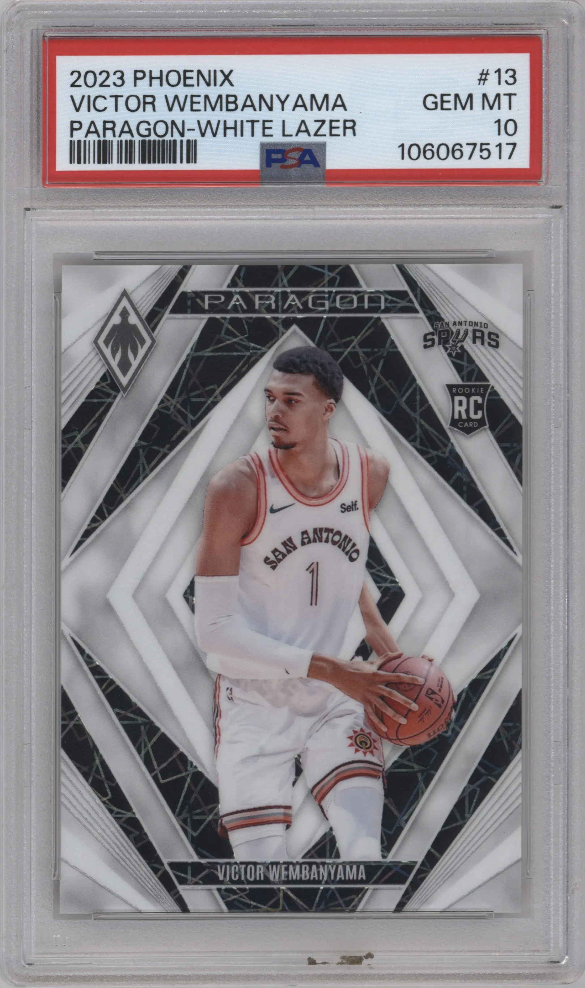 Victor Wembanyama from the 2023-24 Panini Phoenix set featuring a White Lazer parallel graded by PSA and given an overall grade of 10.