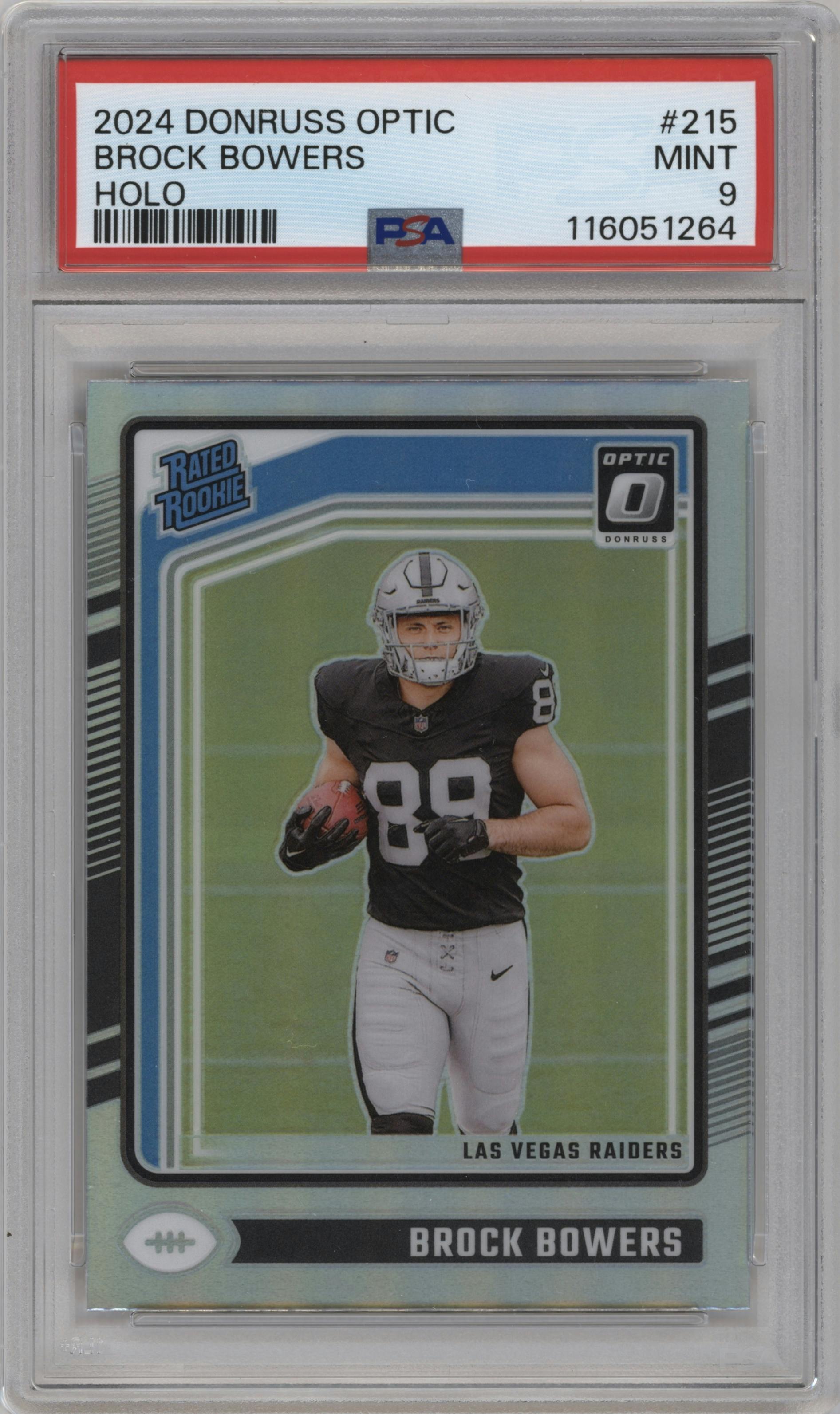 Brock Bowers from the 2024 Donruss Optic set featuring a Holo parallel graded by PSA and given an overall grade of 9.