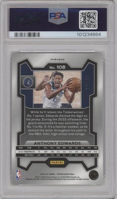Anthony Edwards from the 2023-24 Panini Prizm set featuring a Fast Break Bronze parallel graded by PSA and given an overall grade of 9.