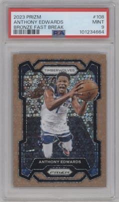 Anthony Edwards from the 2023-24 Panini Prizm set featuring a Fast Break Bronze parallel graded by PSA and given an overall grade of 9.