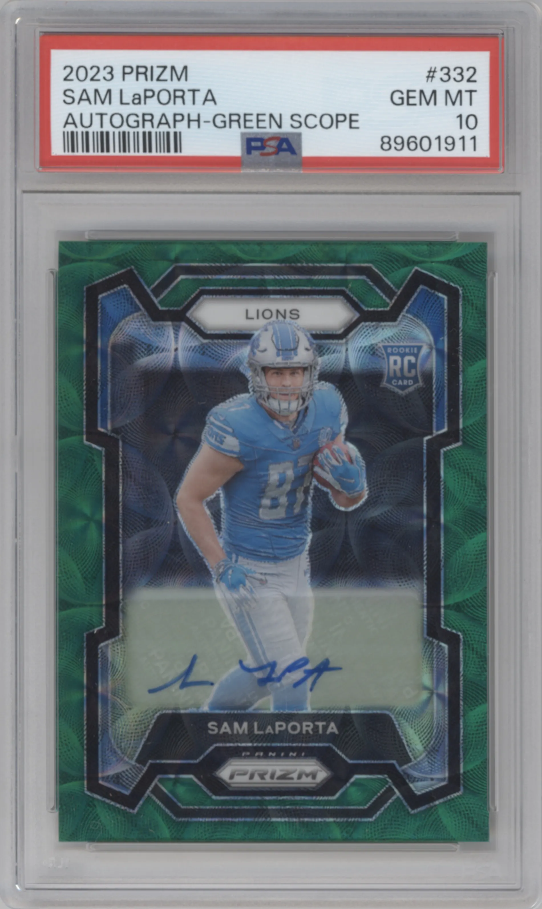 Sam LaPorta from the 2023 Panini Prizm set featuring a Green Scope  parallel graded by PSA and given an overall grade of 10.