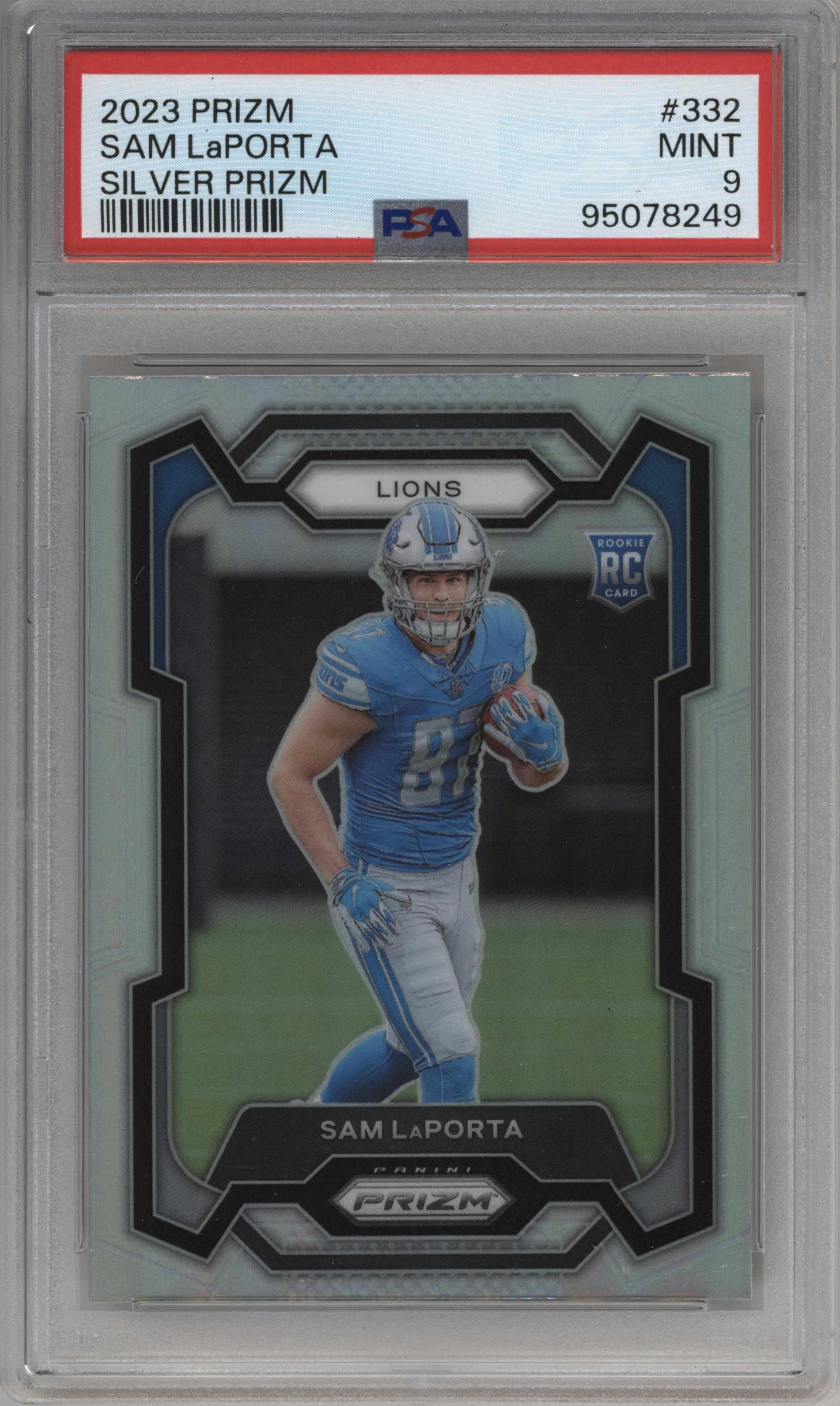 Sam LaPorta from the 2023 Panini Prizm set featuring a Silver Prizm parallel graded by PSA and given an overall grade of 9.