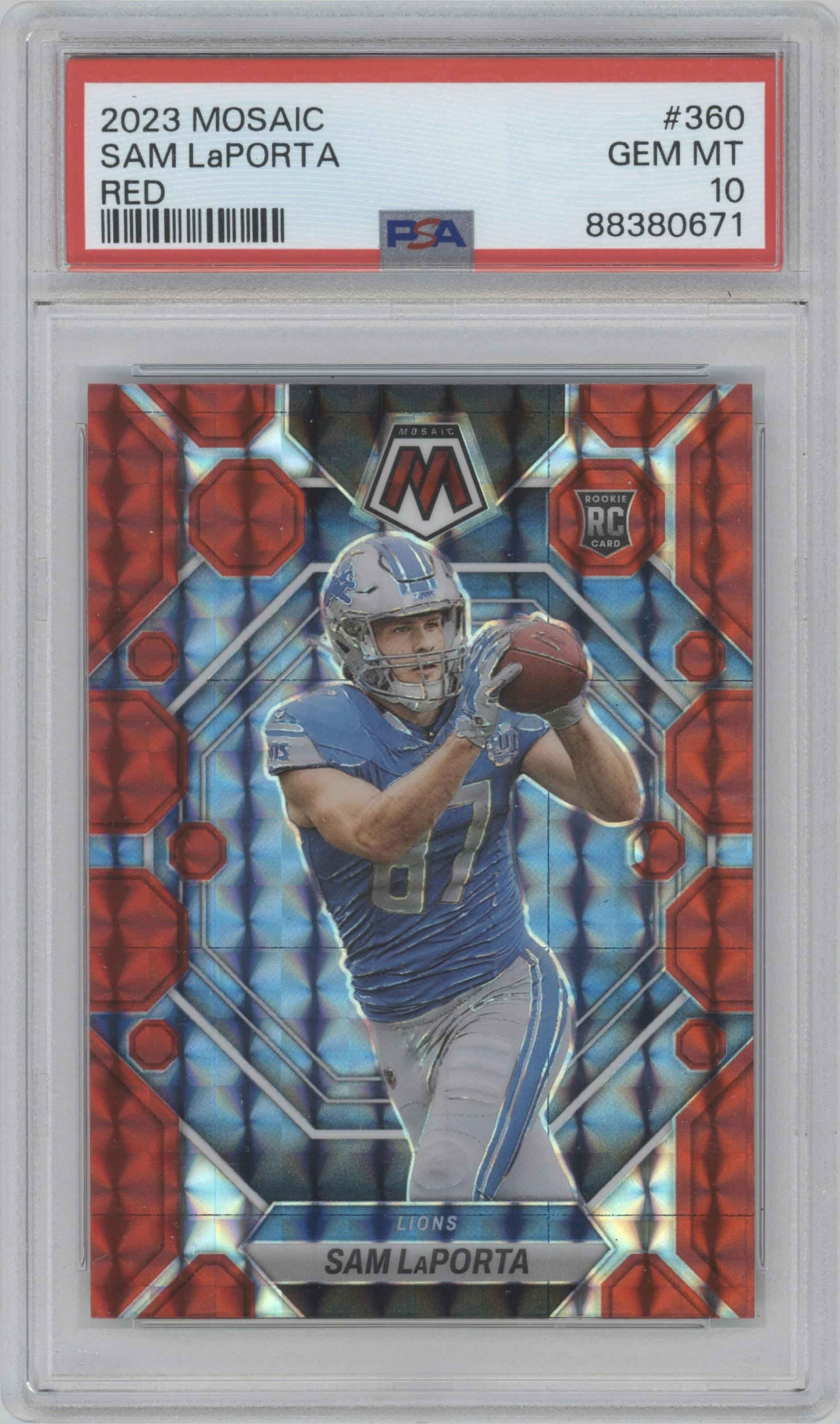 Sam LaPorta from the 2023 Panini Mosaic set featuring a Red Mosaic parallel graded by PSA and given an overall grade of 10.