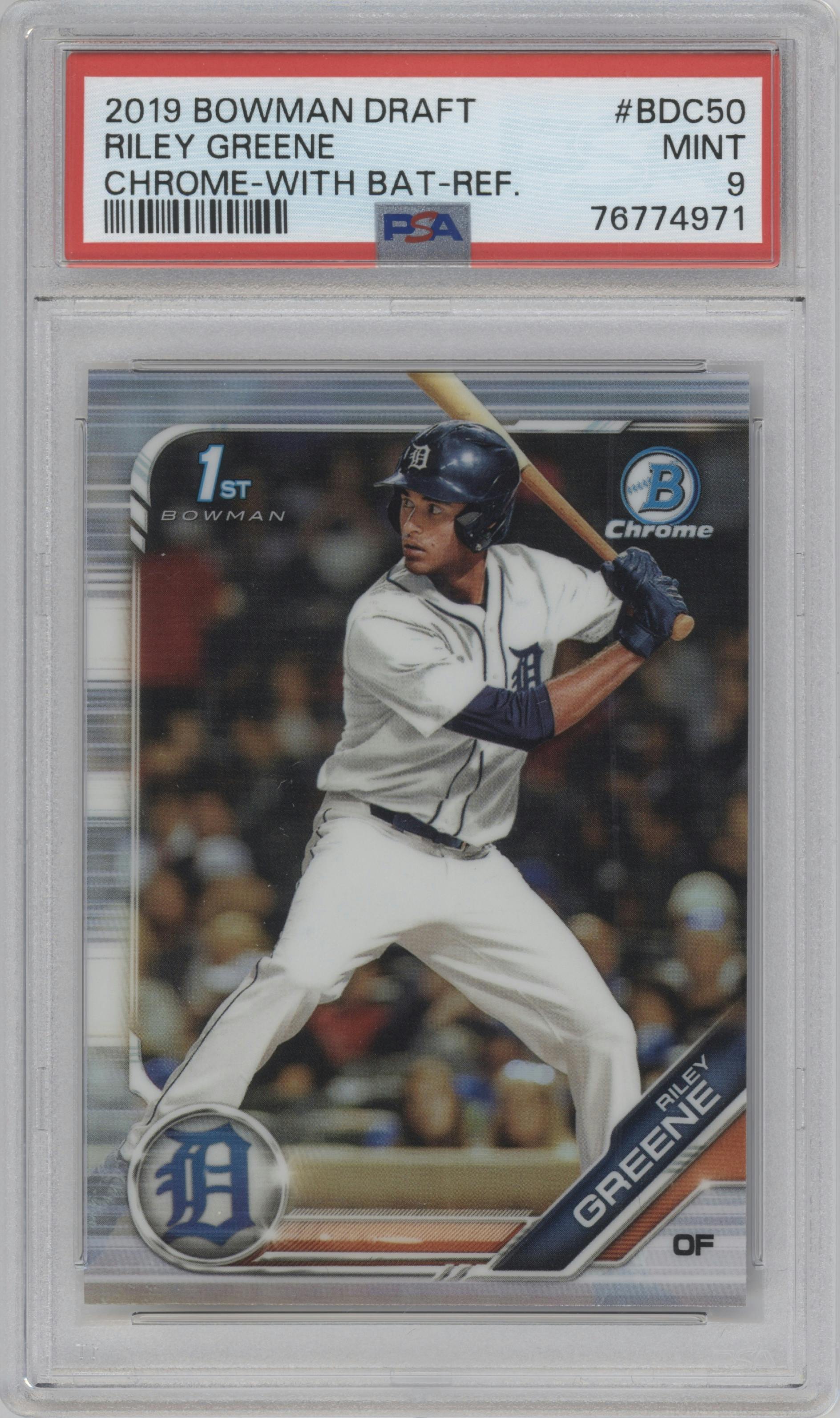 Riley Greene from the 2019 Bowman Draft set featuring a Refractor parallel graded by PSA and given an overall grade of 9.