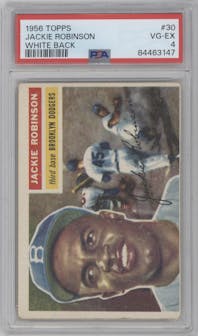 Jackie Robinson from the 1956 Topps set featuring a White Back parallel graded by PSA and given an overall grade of 4.
