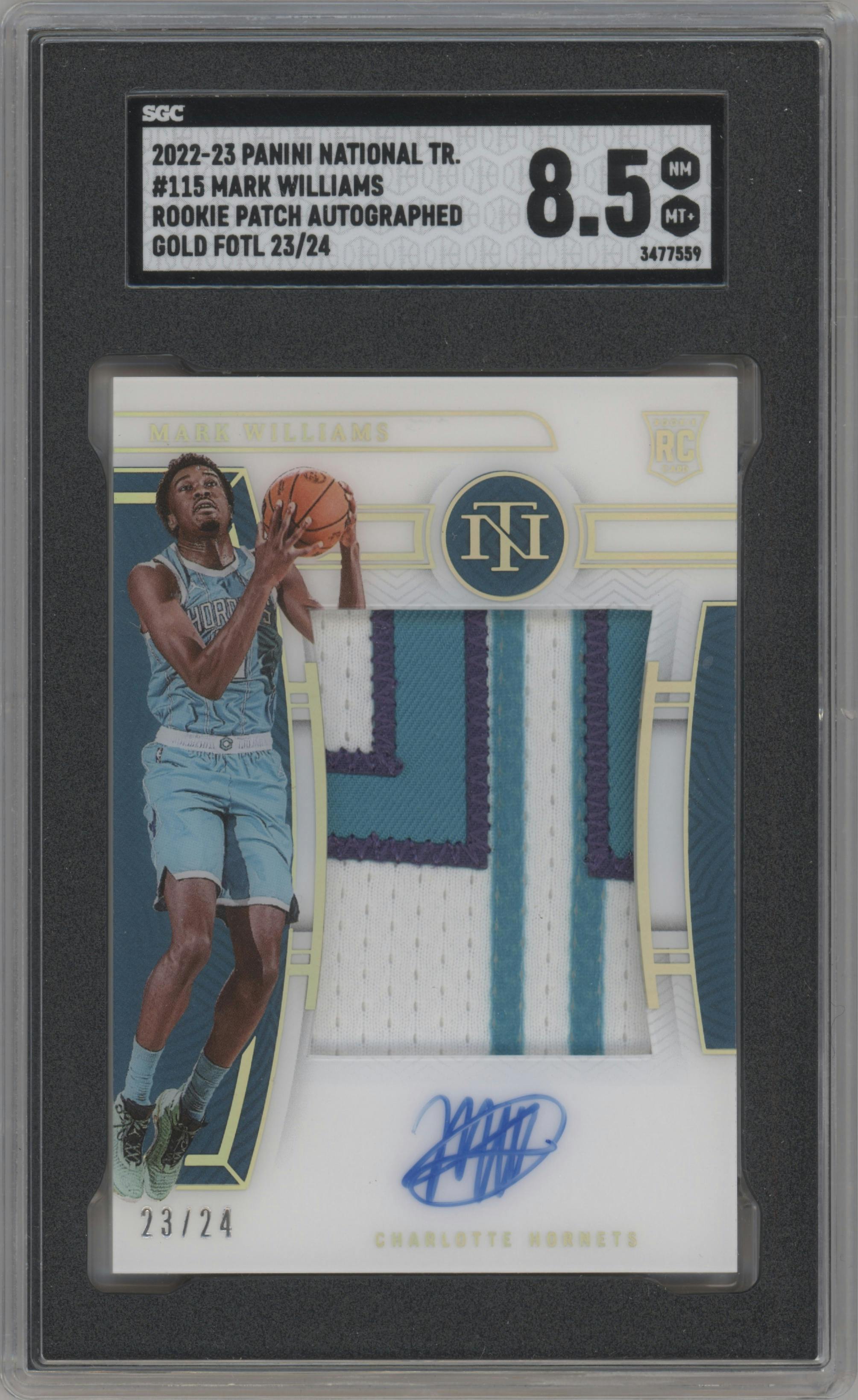 Mark Williams from the 2022-23 Panini National Treasures set featuring a Gold FOTL parallel graded by SGC and given an overall grade of 8.5.