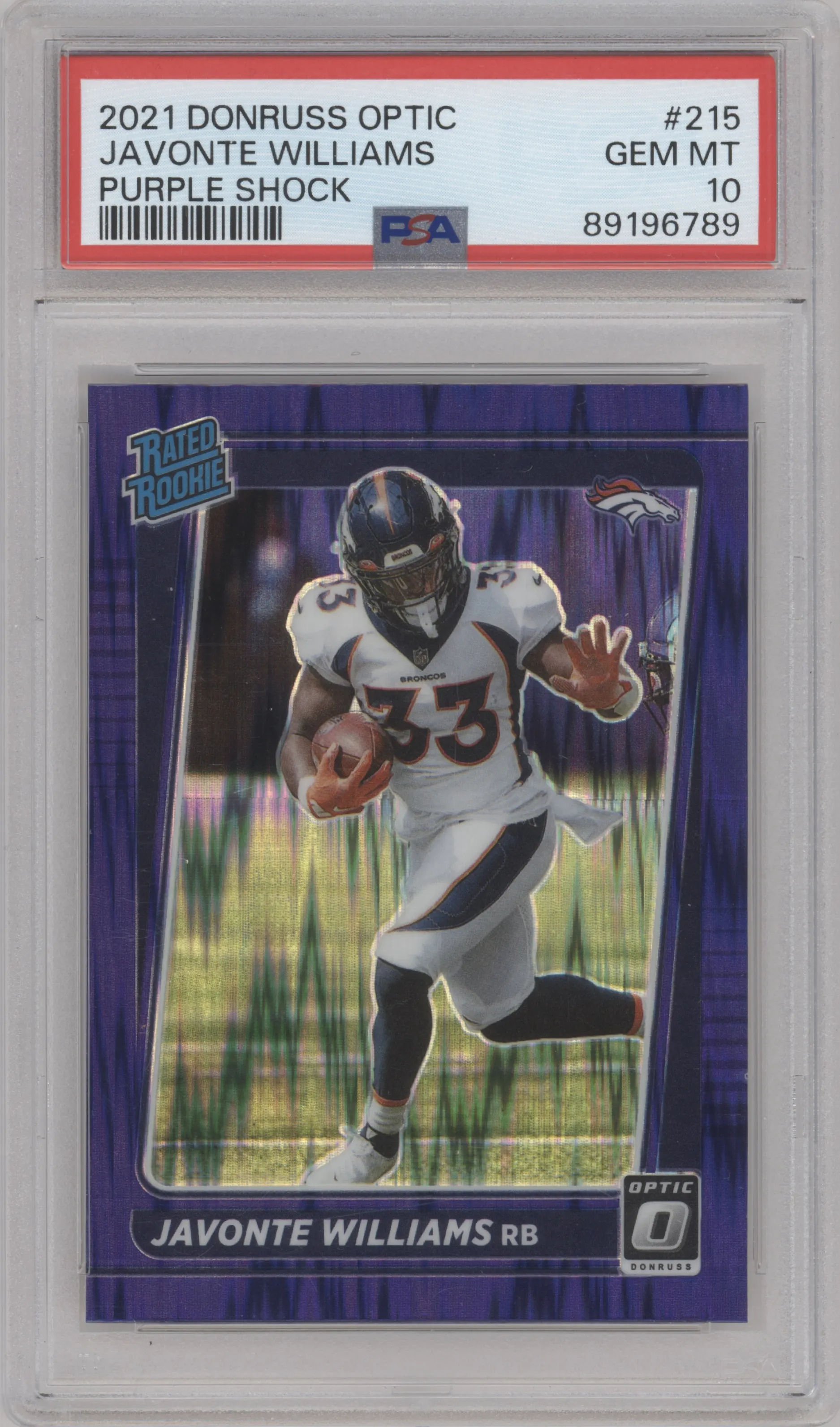 Javonte Williams from the 2021 Panini Donruss Optic set featuring a Purple Shock parallel graded by PSA and given an overall grade of 10.