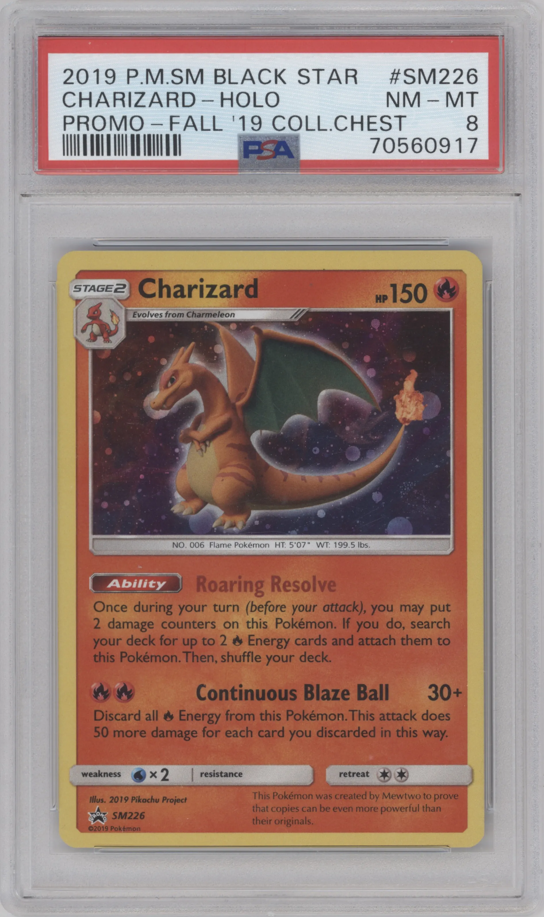 Charizard from the 2019 Pokemon S&M  set featuring a 2019 Fall Collectors Chest parallel graded by PSA and given an overall grade of 8.