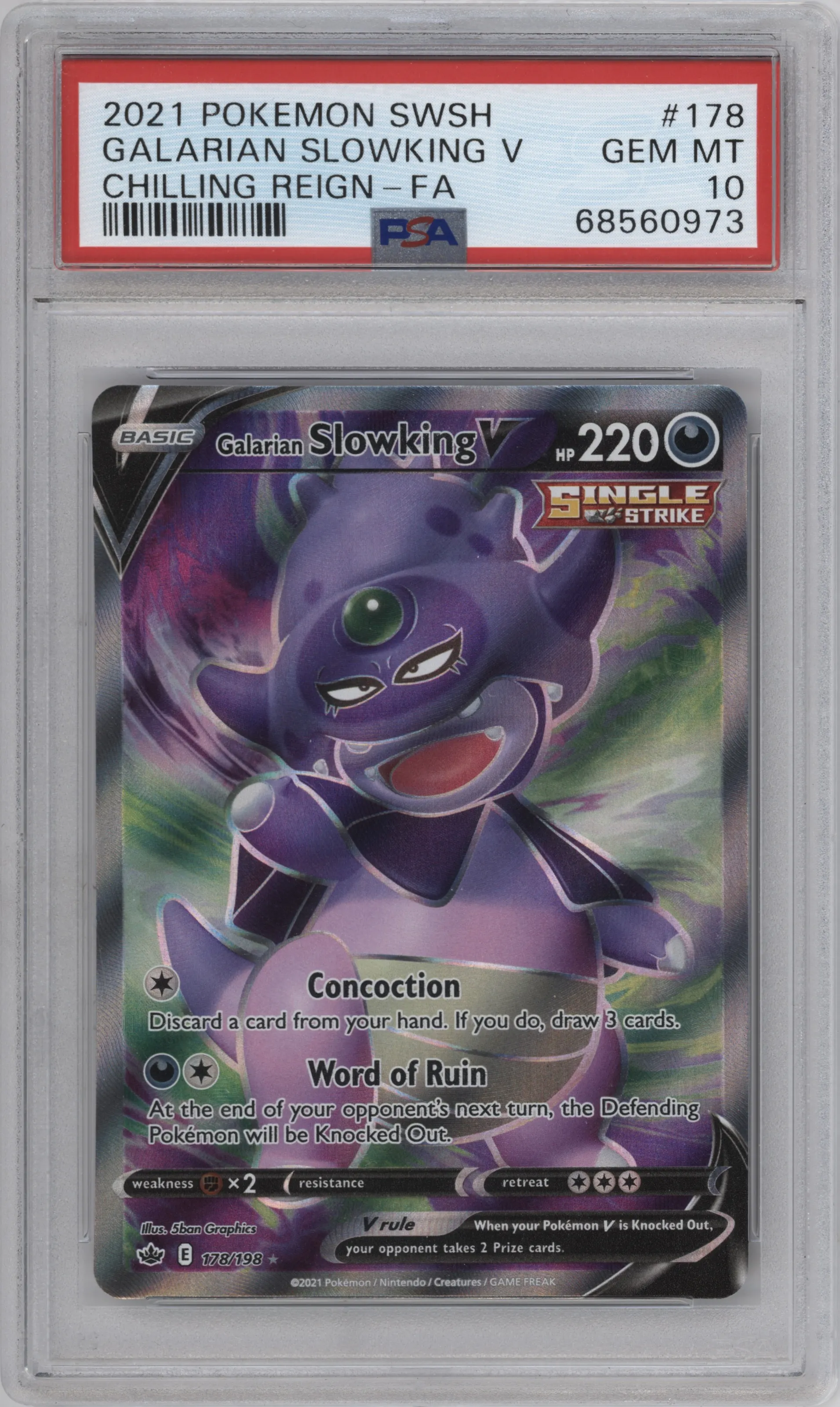 Galarian Slowking V from the 2021 Pokemon SWSH set graded by PSA and given an overall grade of 10.