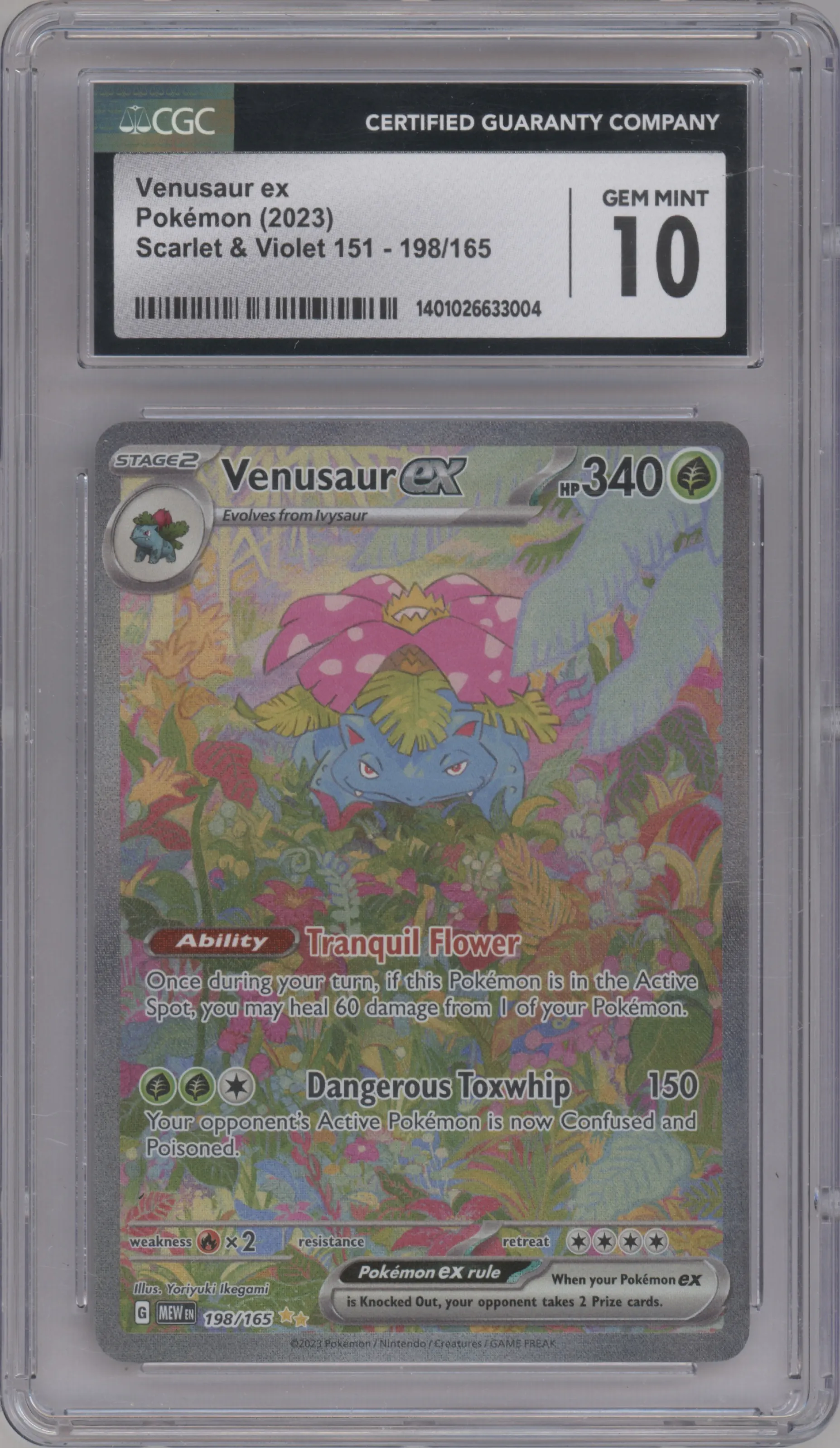 Venusaur ex from the 2023 Pokemon SV set graded by CSG and given an overall grade of 10.