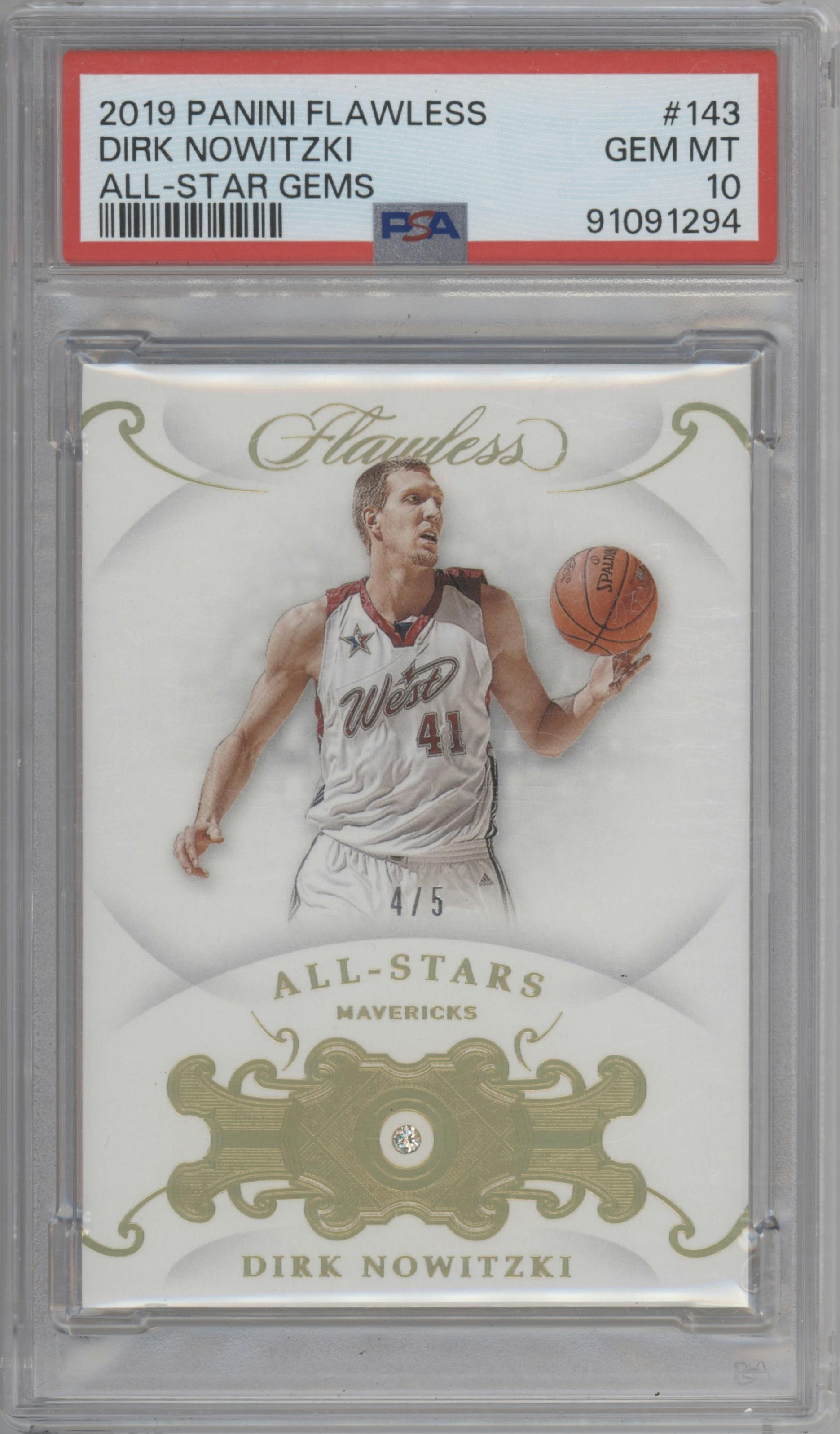 Dirk Nowitzki from the 2018-19 Panini Flawless set graded by PSA and given an overall grade of 10.