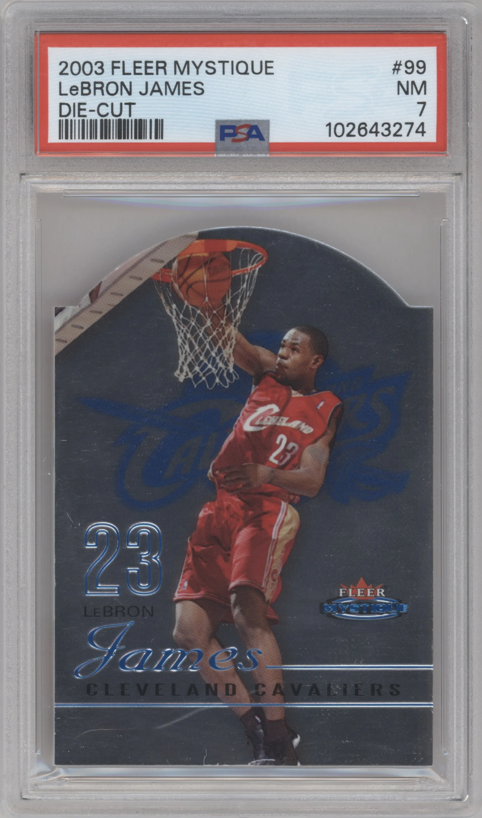 LeBron James from the 2003-04 Fleer Mystique set featuring a Die Cut parallel graded by PSA and given an overall grade of 7.