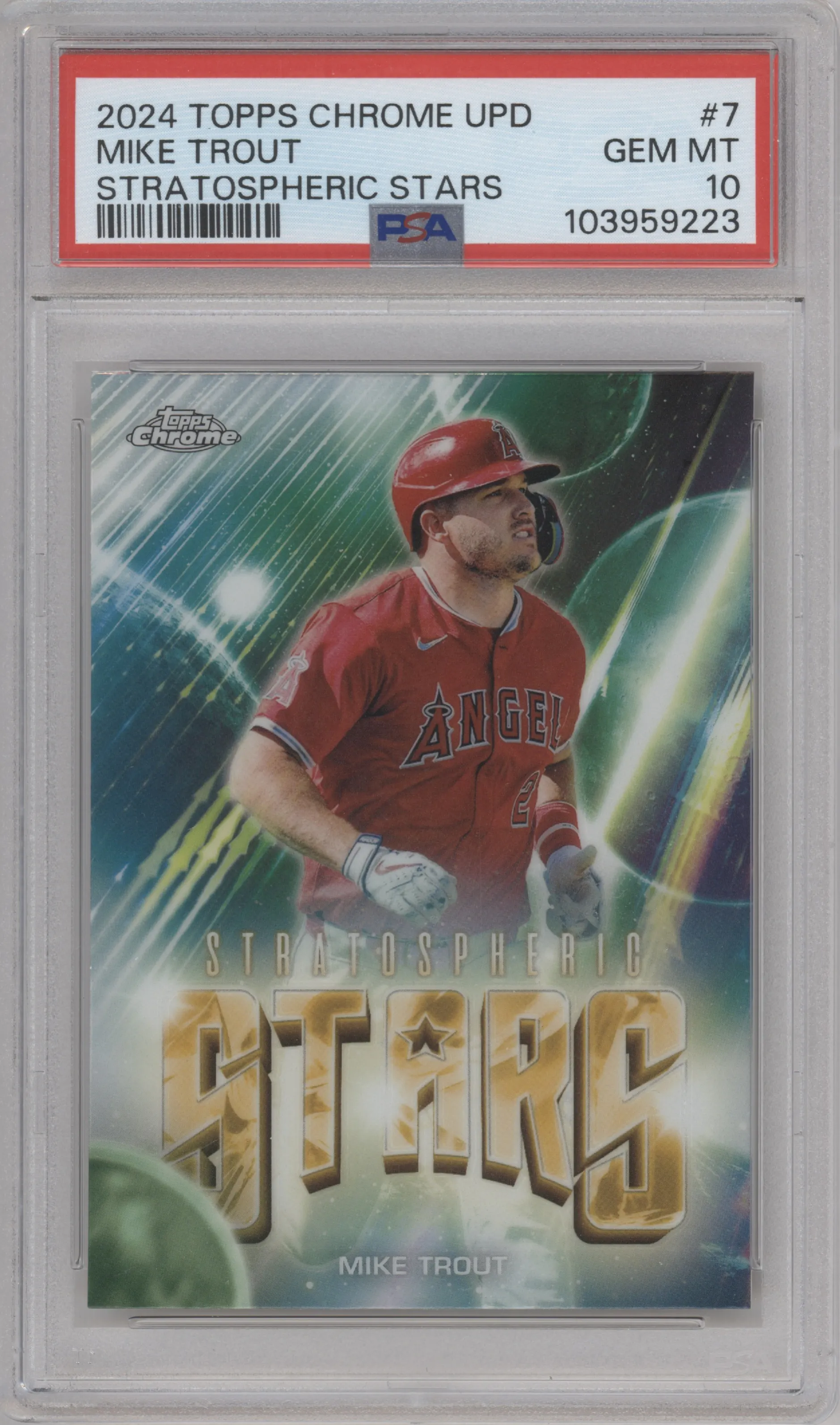 Mike Trout from the 2024 Topps Chrome Update set graded by PSA and given an overall grade of 10.