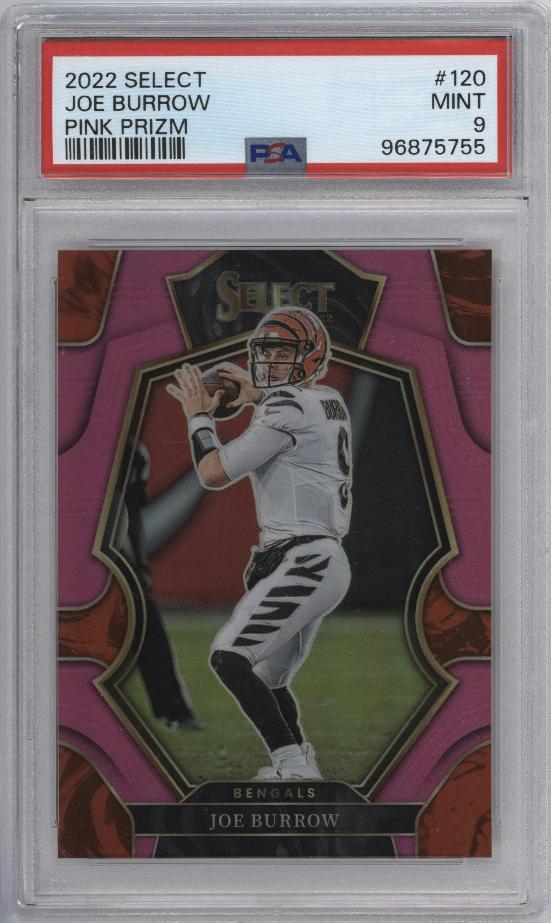 Joe Burrow from the 2022 Panini Select set featuring a Pink parallel graded by PSA and given an overall grade of 9.