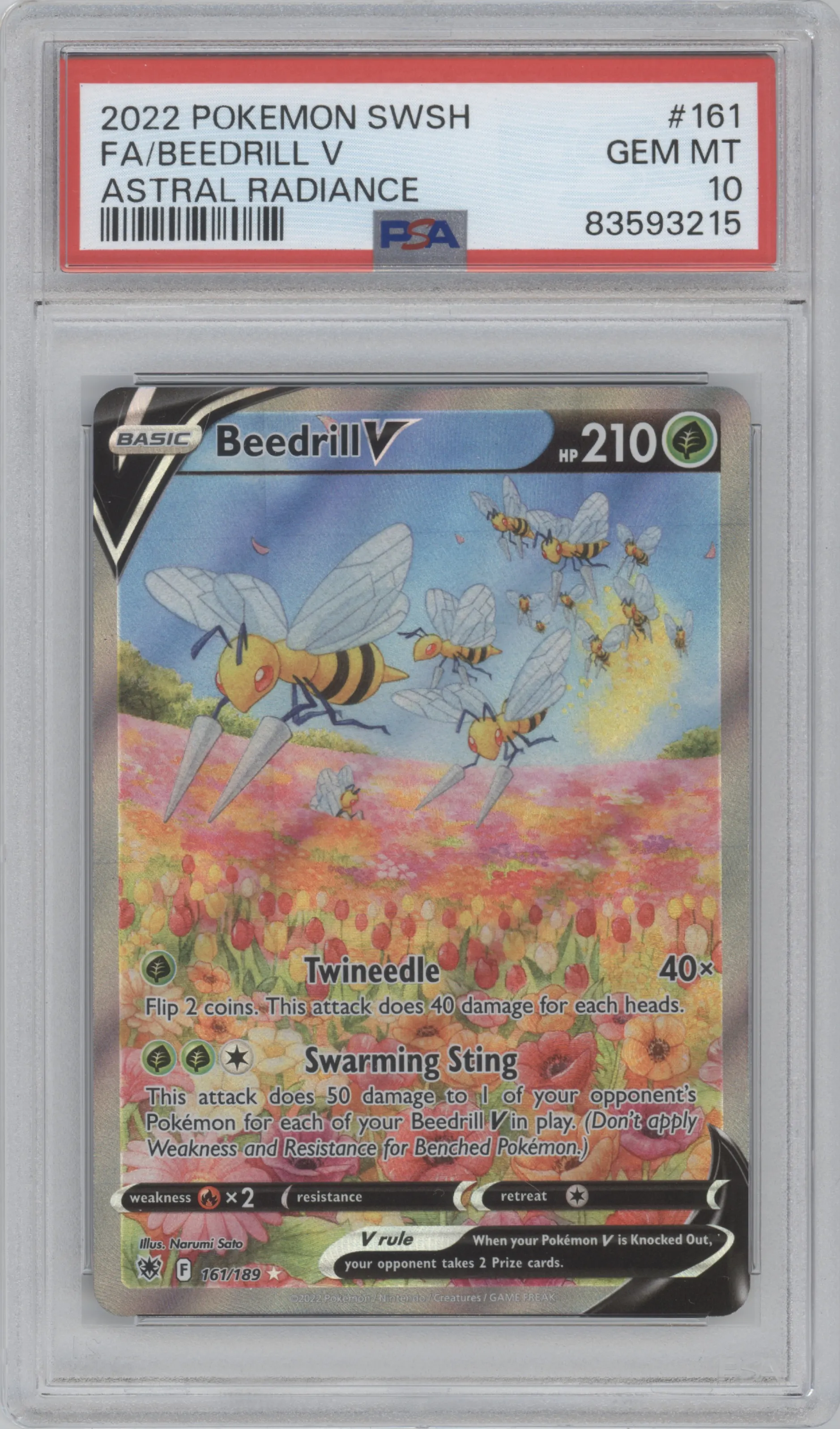 Beedrill V from the 2022 Pokemon SWSH set graded by PSA and given an overall grade of 10.