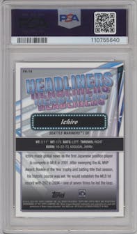 Ichiro from the 2023 Topps Finest set featuring a Gold Mini-Diamond parallel graded by PSA and given an overall grade of 10.