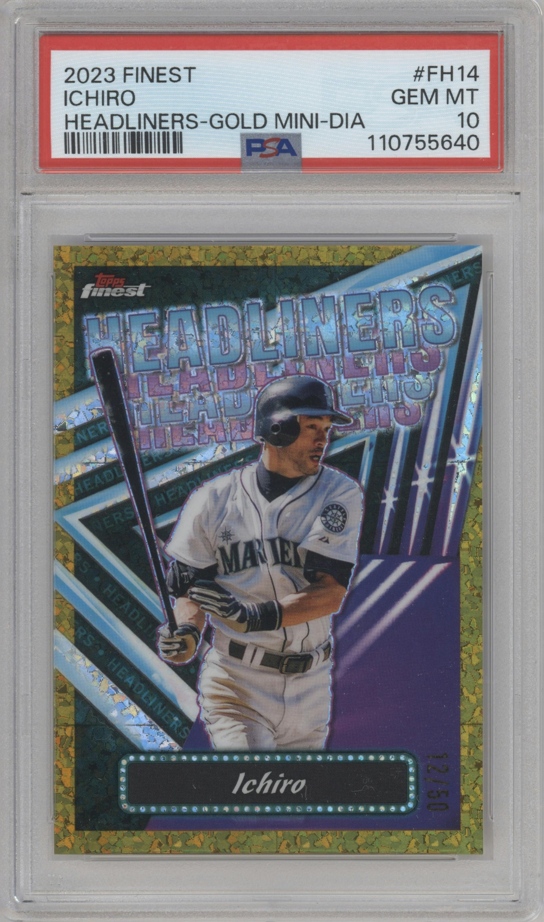 Ichiro from the 2023 Topps Finest set featuring a Gold Mini-Diamond parallel graded by PSA and given an overall grade of 10.